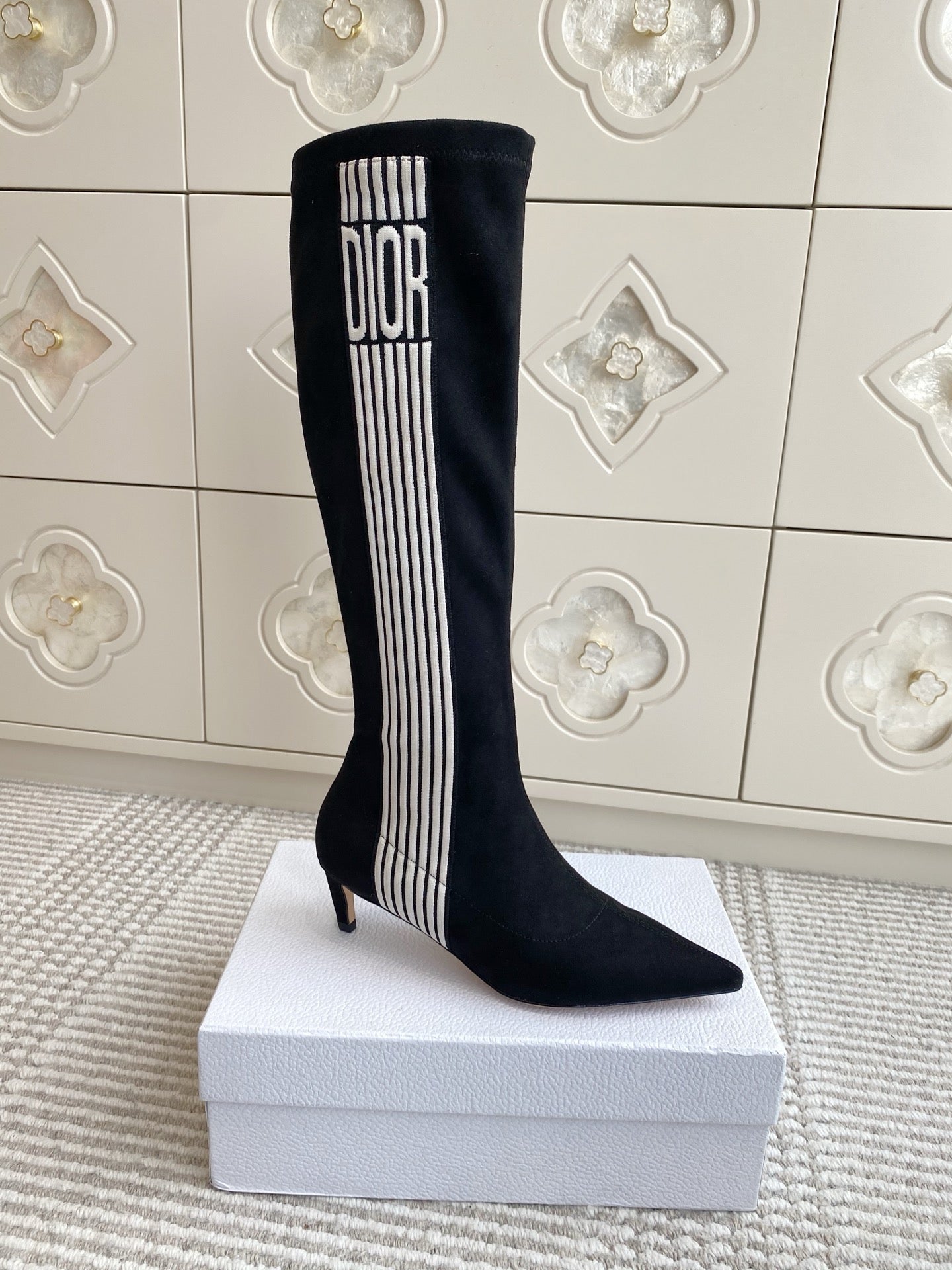 Dior 2025 Tribales Heeled Ankle High Boot 50mm Black White Suede 501201