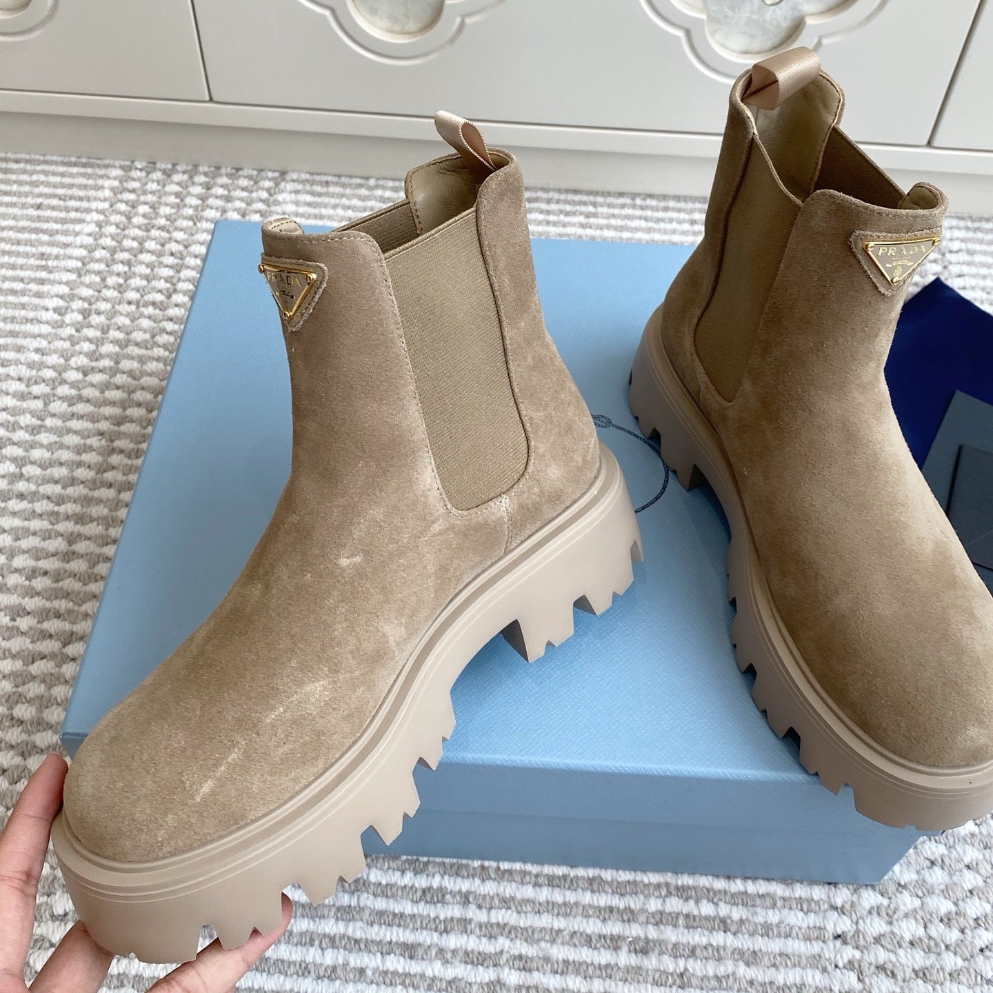 Prada 25 Chelsea Boot Beige Suede Cowhide 501437