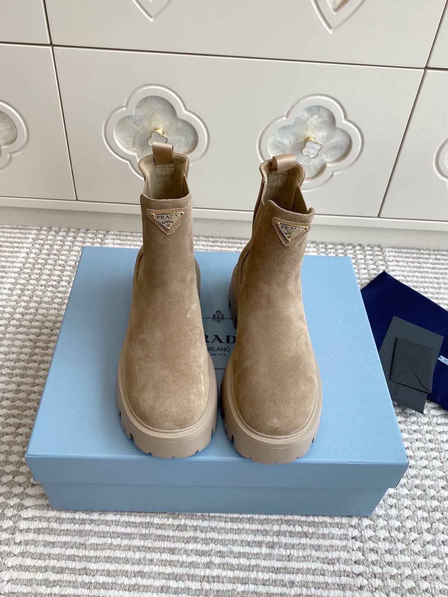 Prada 25 Chelsea Boot Beige Suede Cowhide 501437