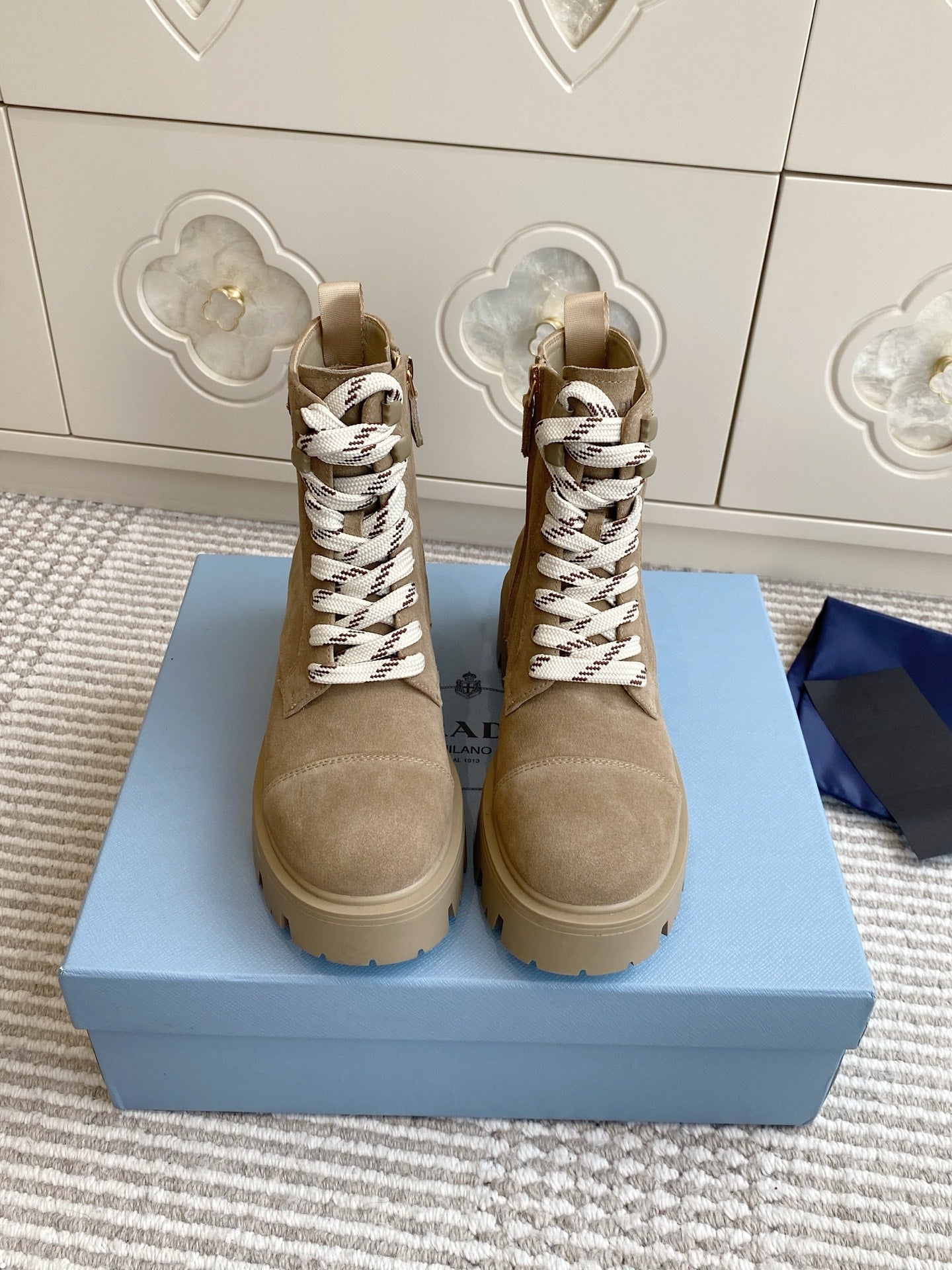 Prada 25 Martin Boot Beige Suede Cowhide 501439