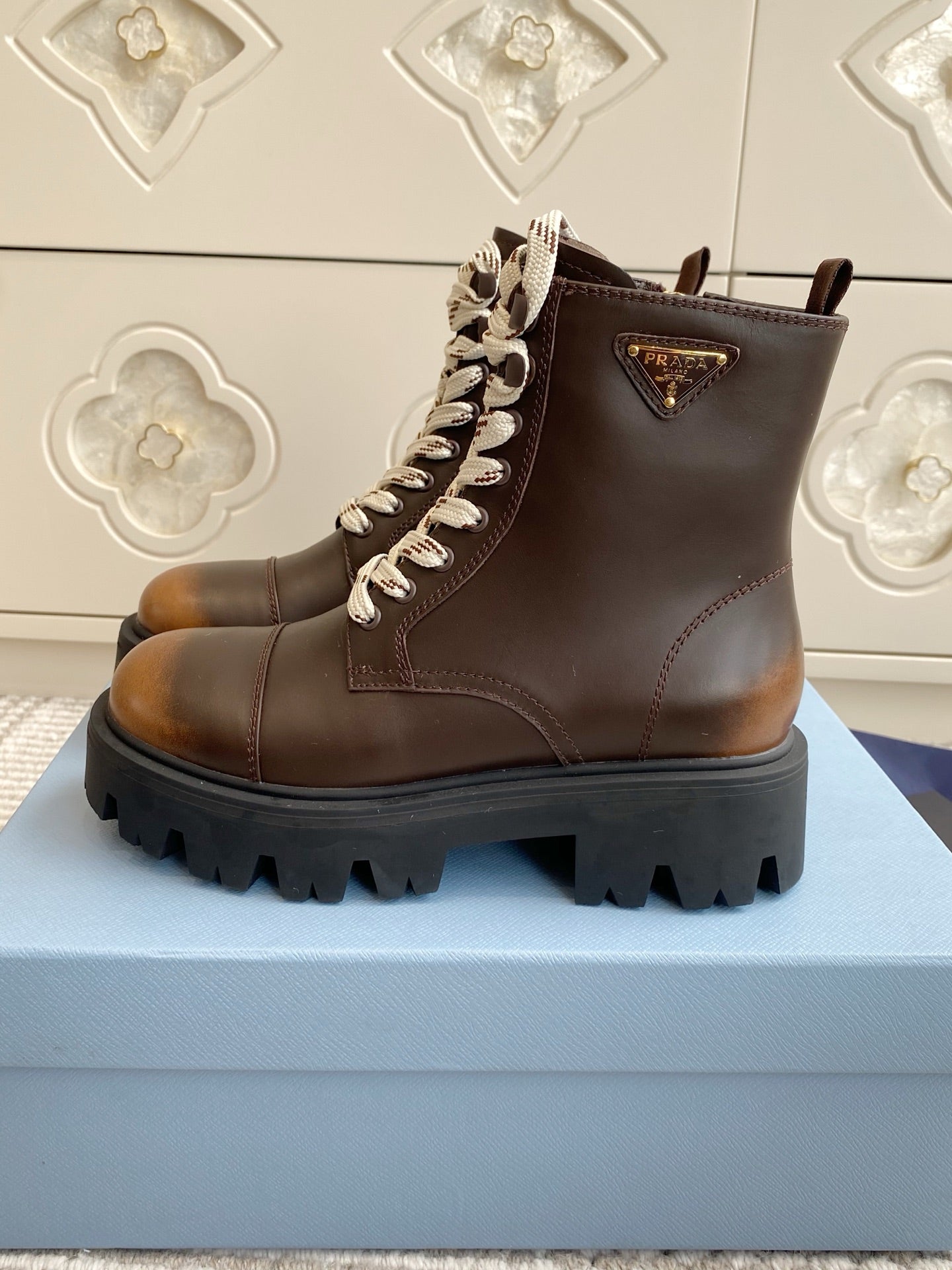 Prada 25 Martin Boot Brown Black Cowhide 501443