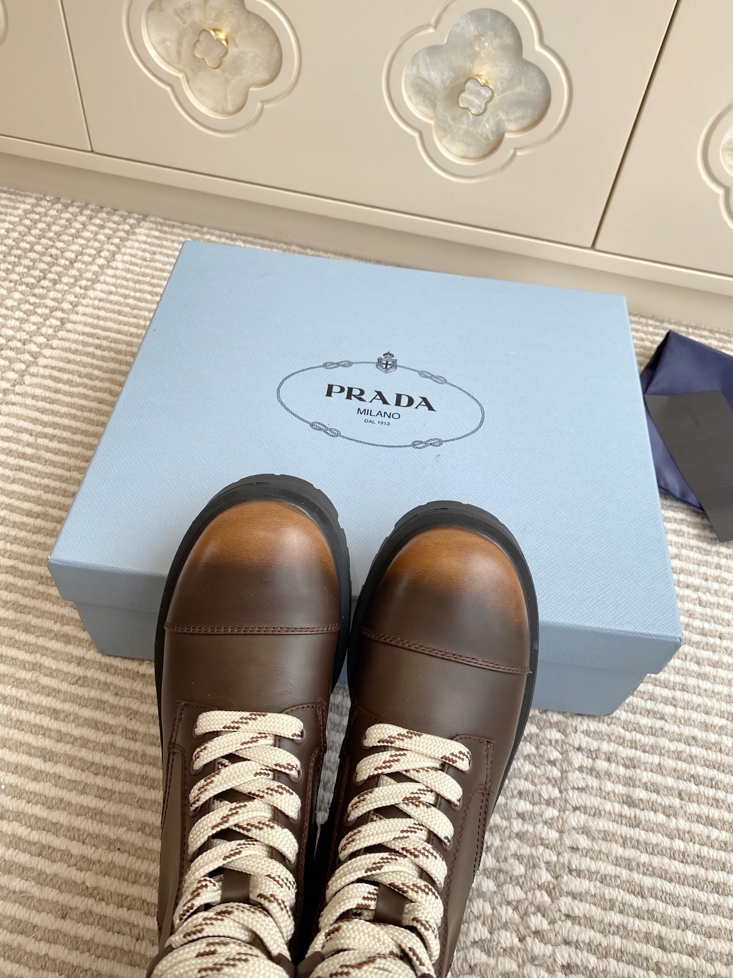 Prada 25 Martin Boot Brown Black Cowhide 501443