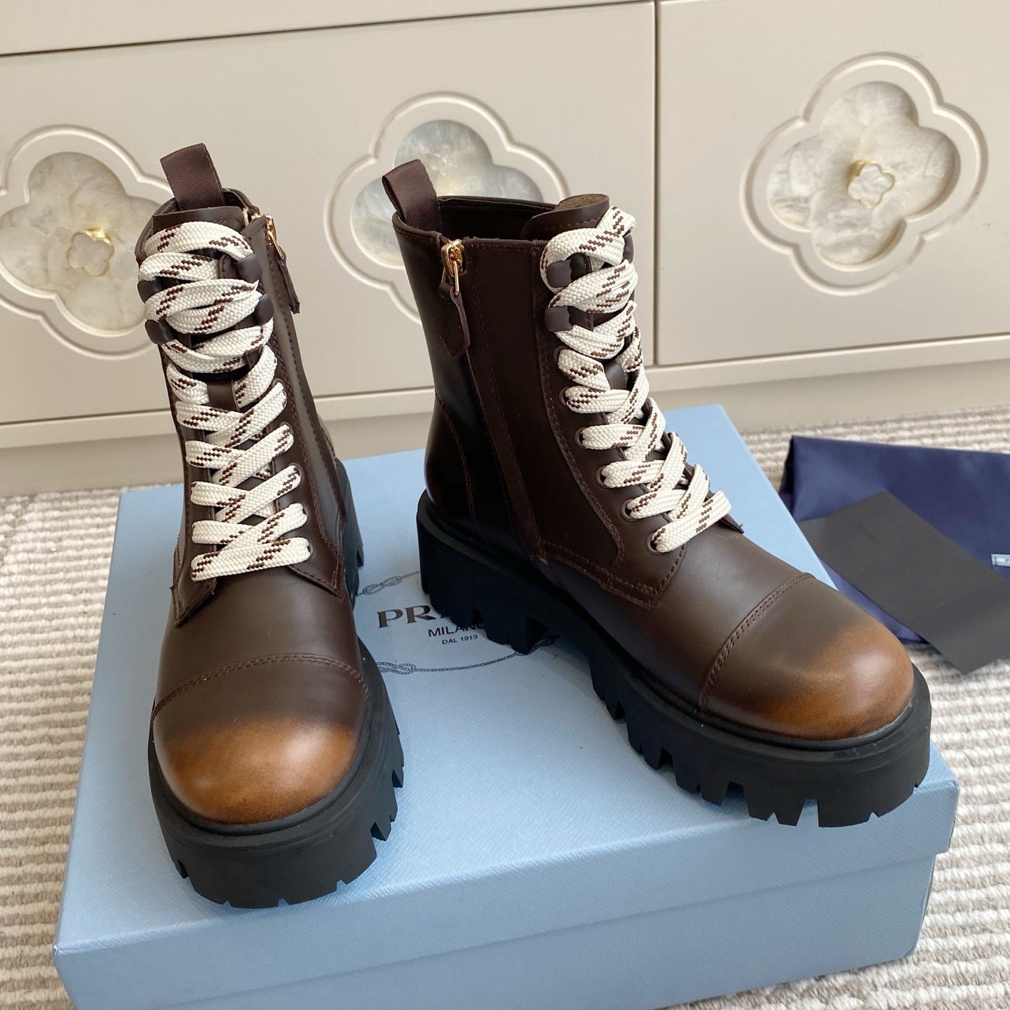 Prada 25 Martin Boot Brown Black Cowhide 501443
