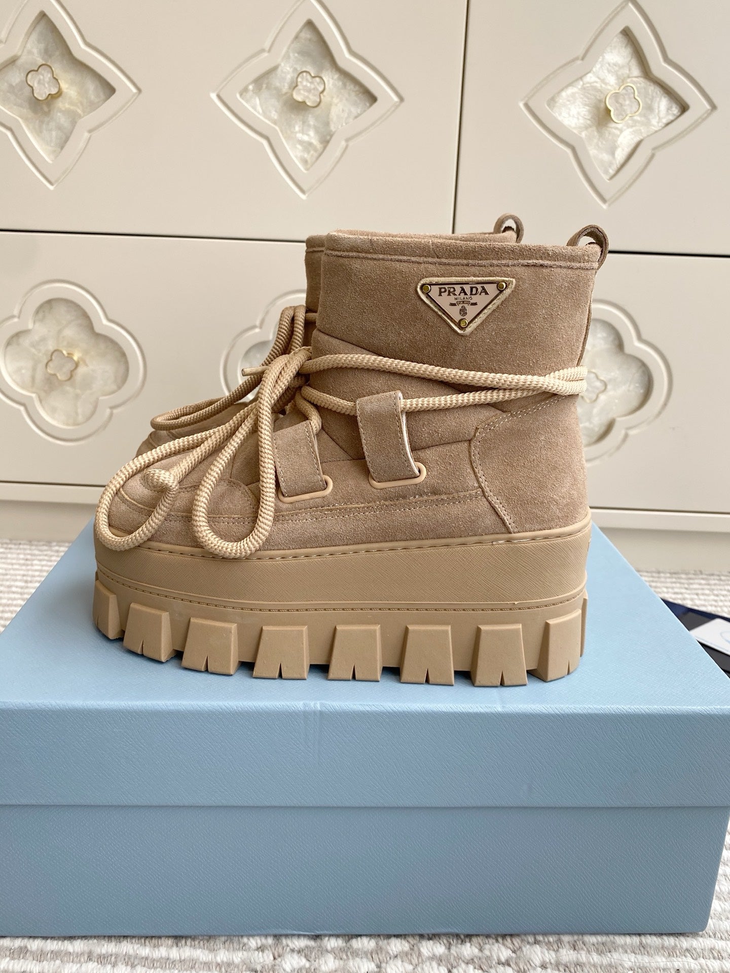 Prada 25 Shearling Apres-ski Boots Beige Suede Calfskin