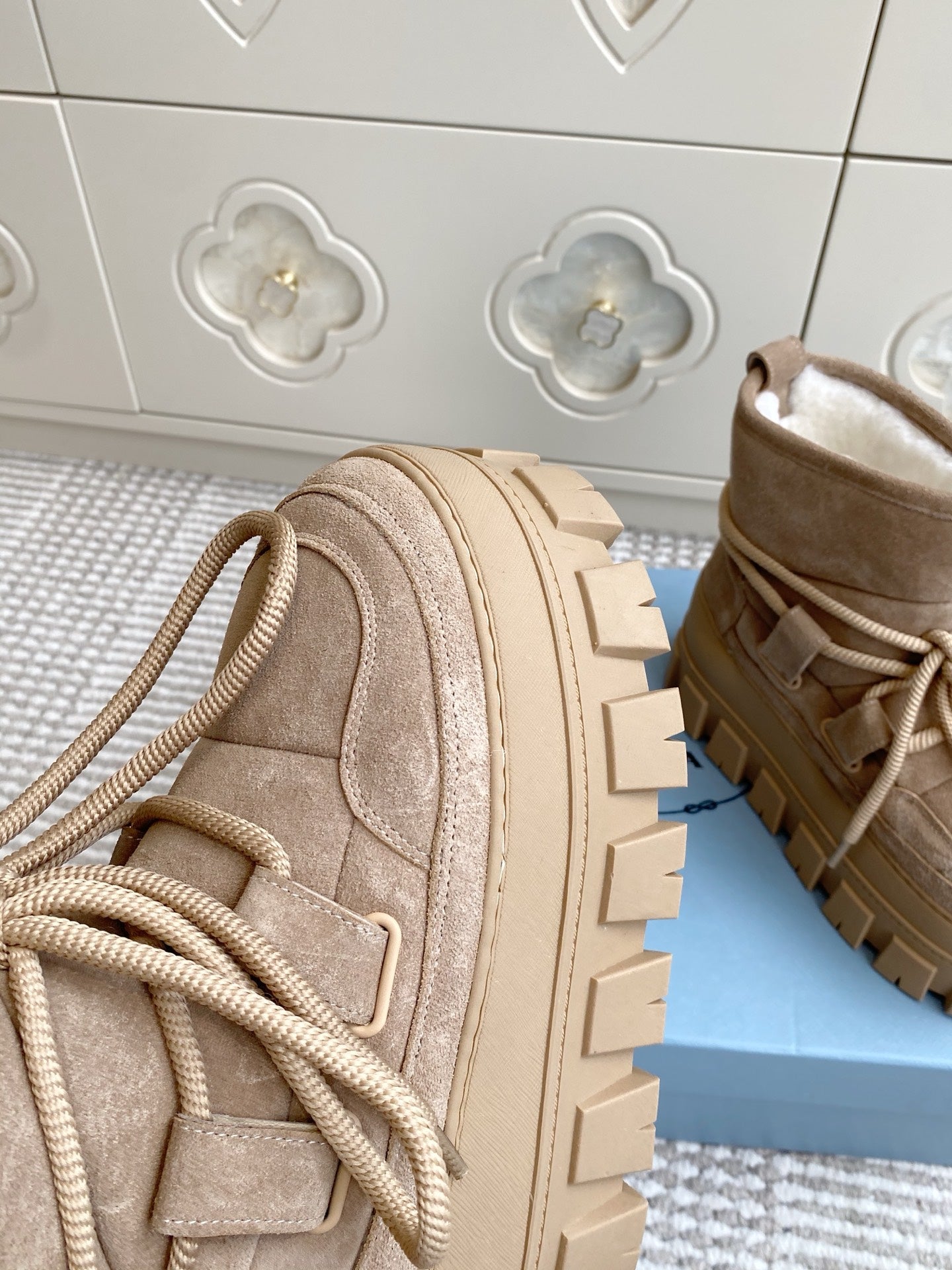 Prada 25 Shearling Apres-ski Boots Beige Suede Calfskin