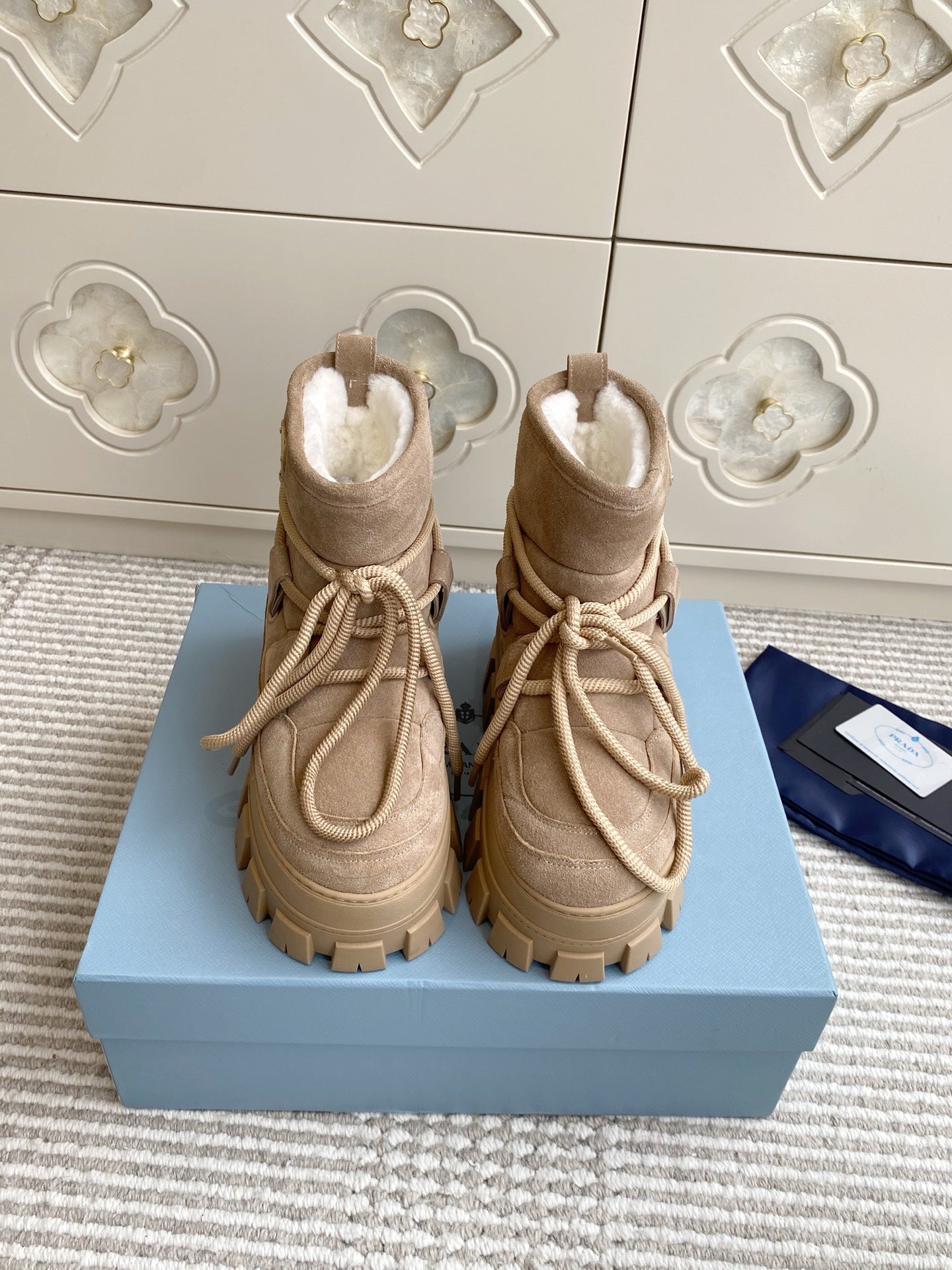 Prada 25 Shearling Apres-ski Boots Beige Suede Calfskin