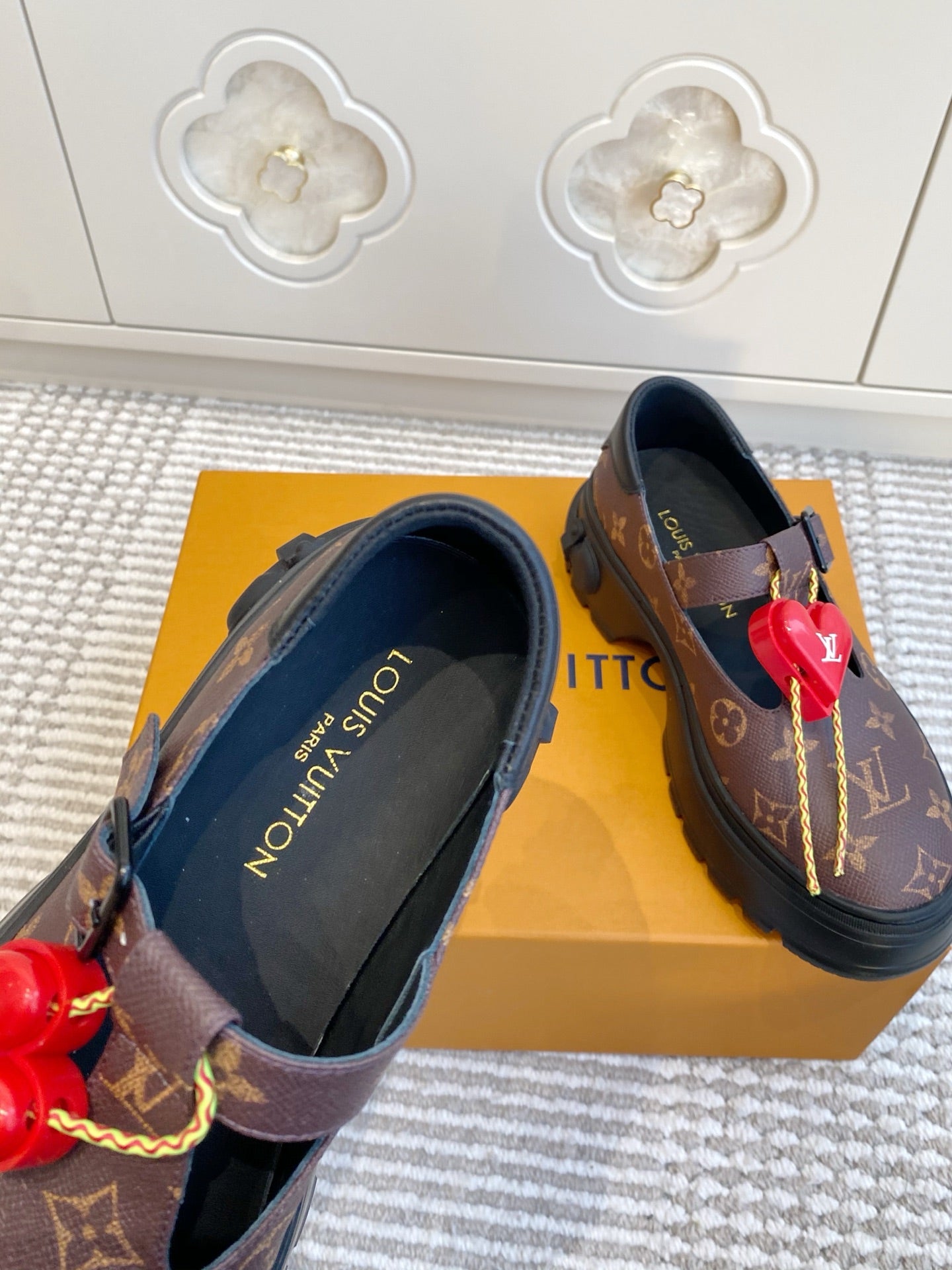 LV 2026 T-strap Loafer With Heart-shaped Brown Red Canvas Cowhide 595877