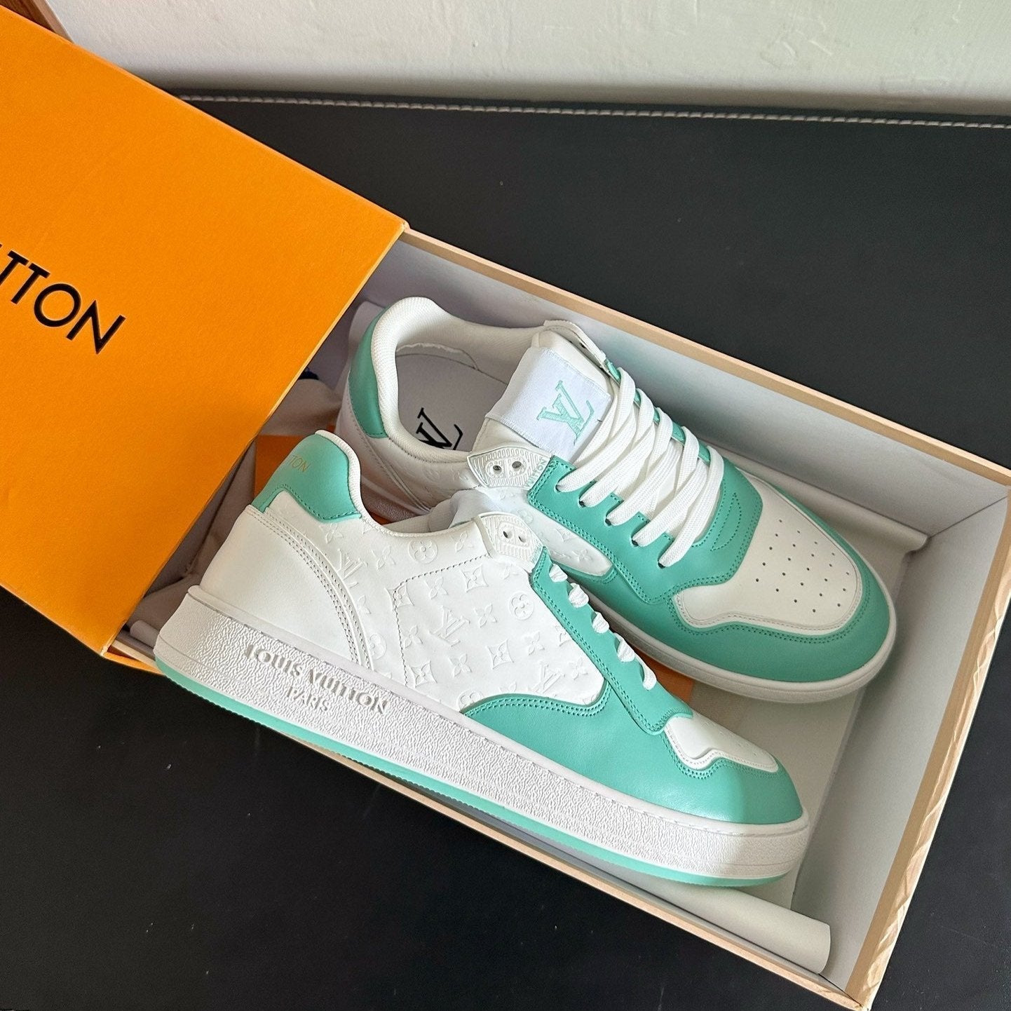LV Stadium Sneaker White Mix Aqua Green Monogram Cowhide