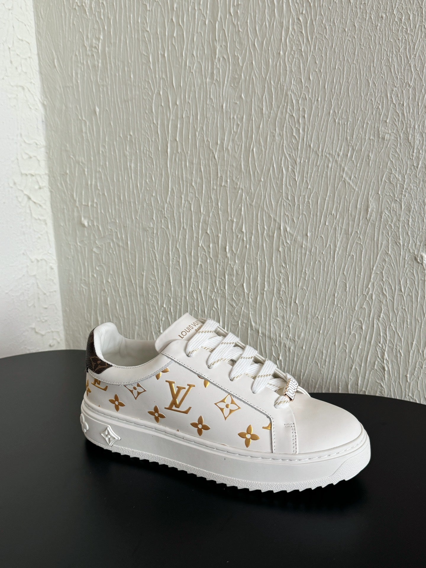 LV Sneakers Time Out White Shoes Gold Monogram Calfskin