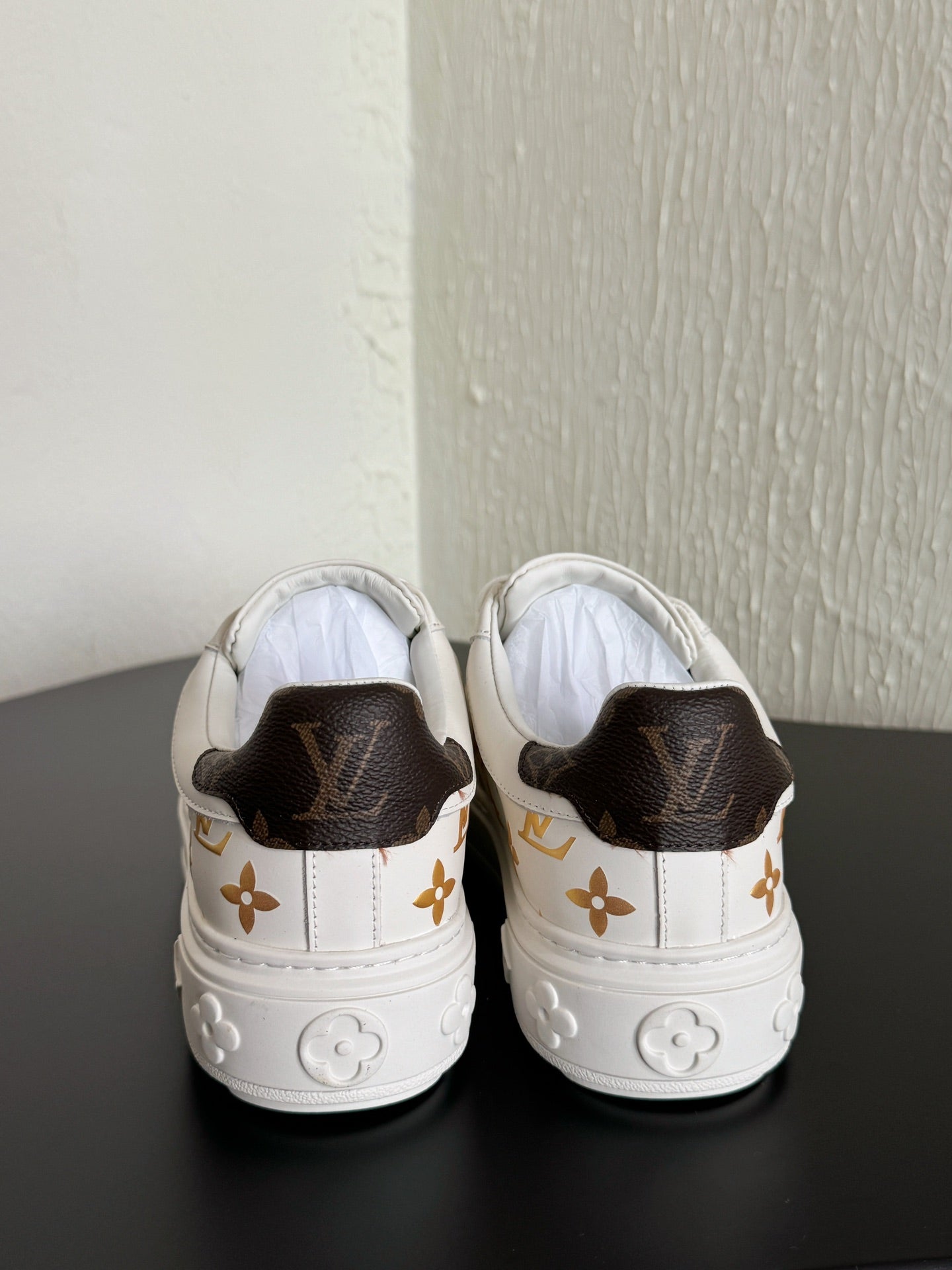 LV Sneakers Time Out White Shoes Gold Monogram Calfskin