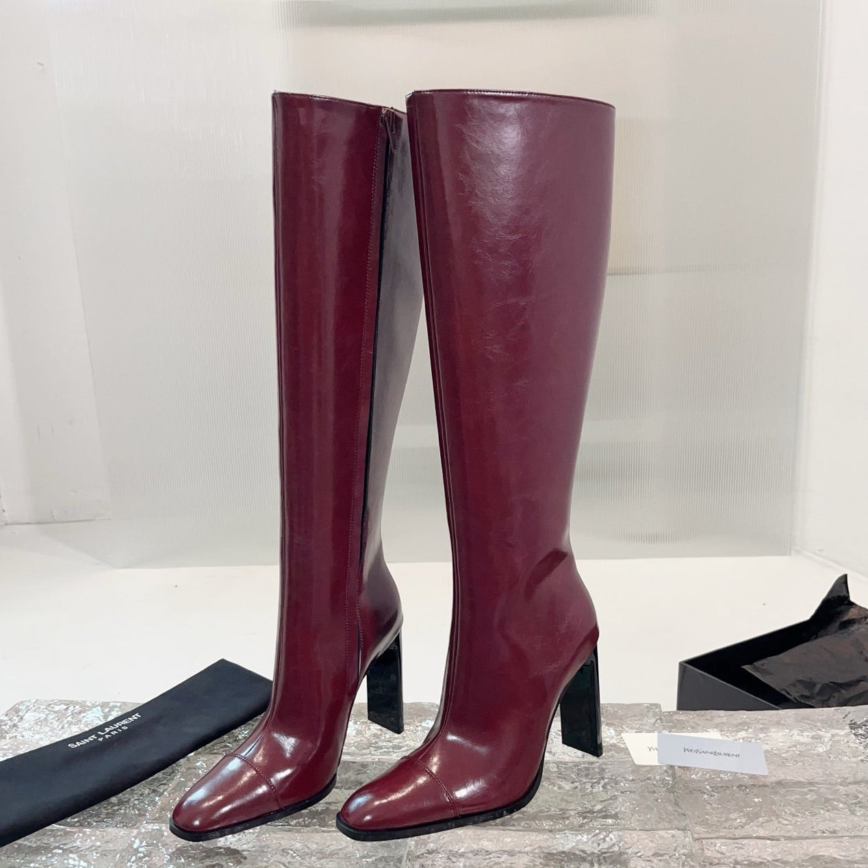 YSL 25 Long Boot Burgundy Cowhide 522269