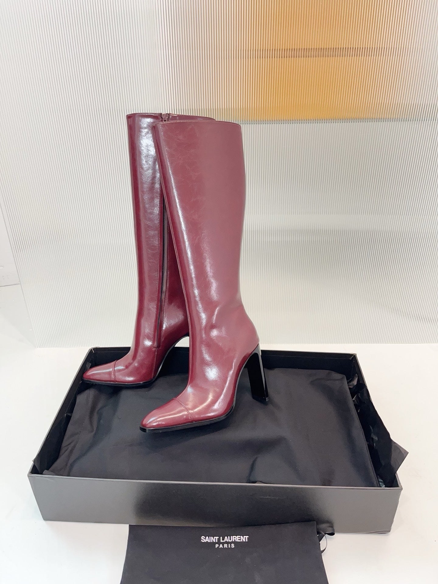 YSL 25 Long Boot Burgundy Cowhide 522269