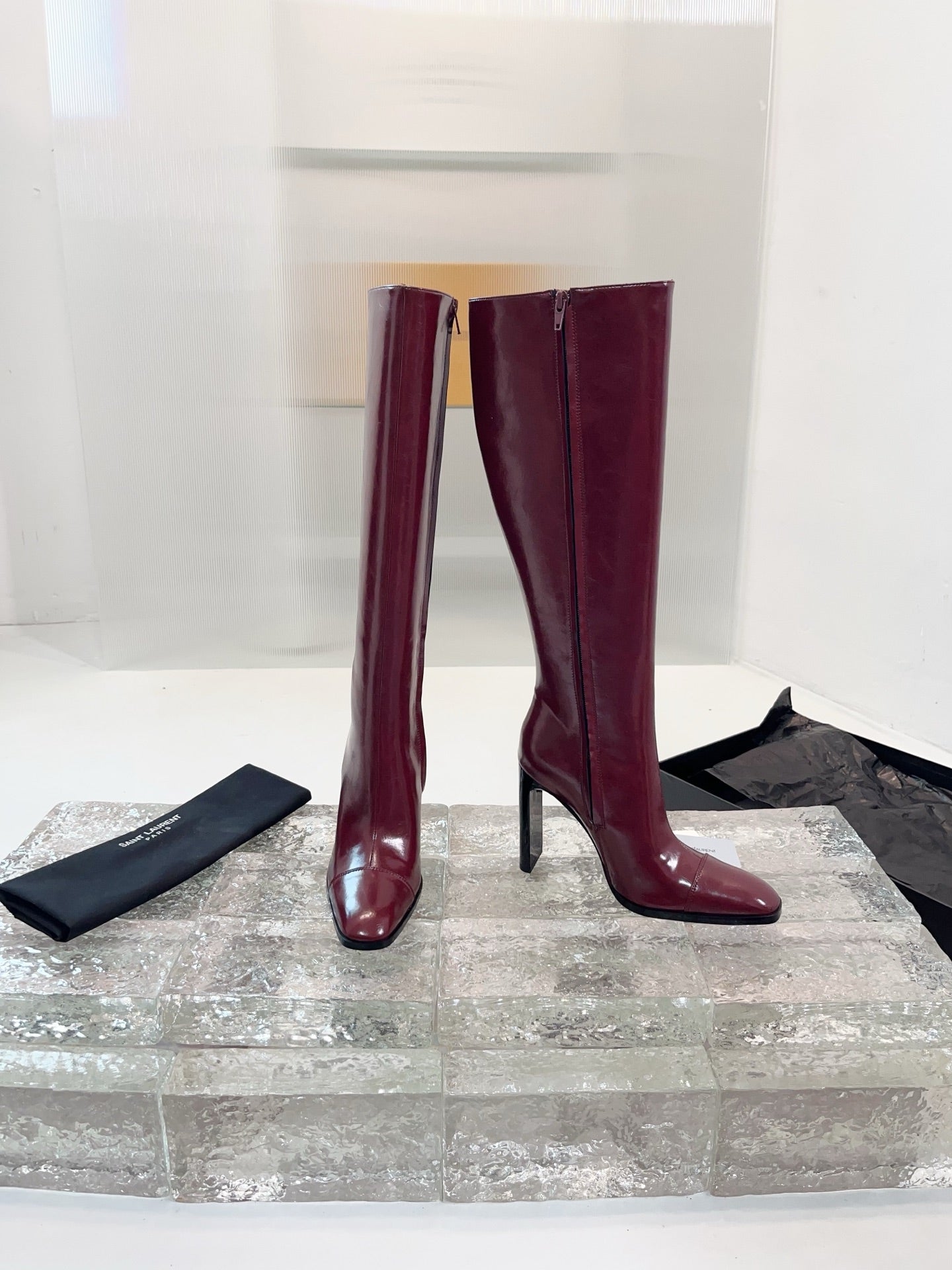 YSL 25 Long Boot Burgundy Cowhide 522269