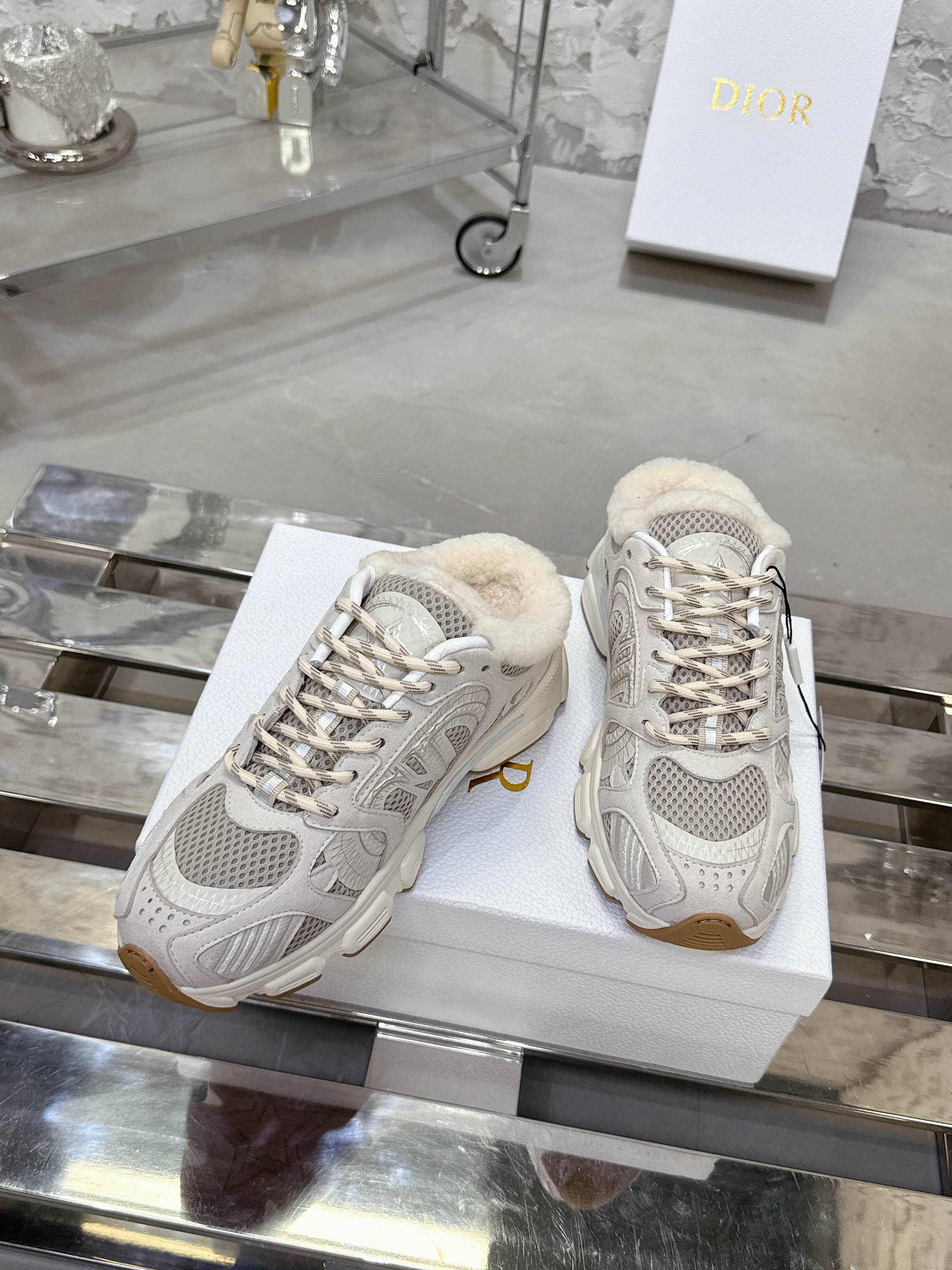 Dior 25 Chrono Sneakers Light Beige mix White Mesh Calfskin 530321