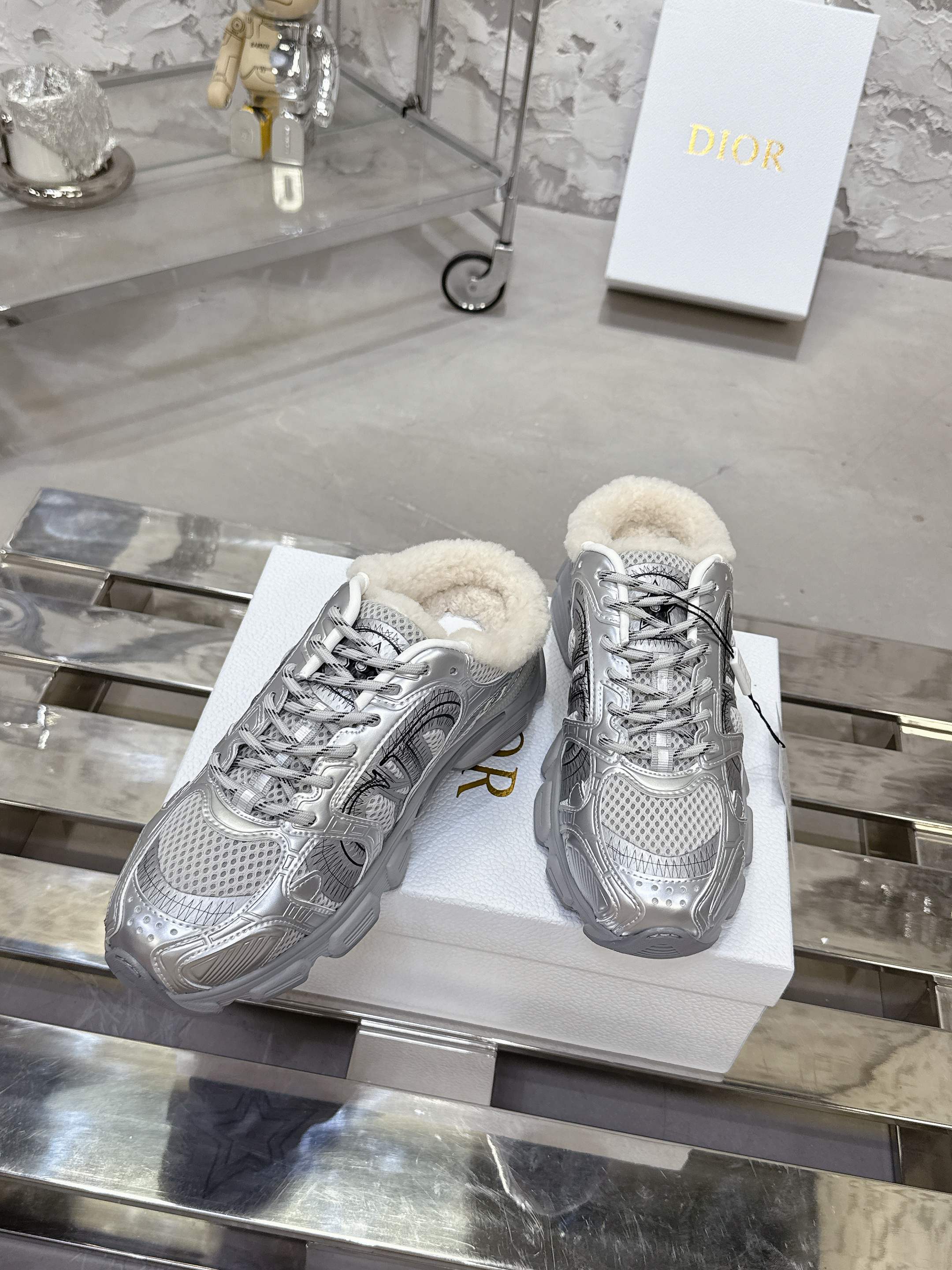 Dior 25 Chrono Sneakers Silver Mesh Calfskin 530322