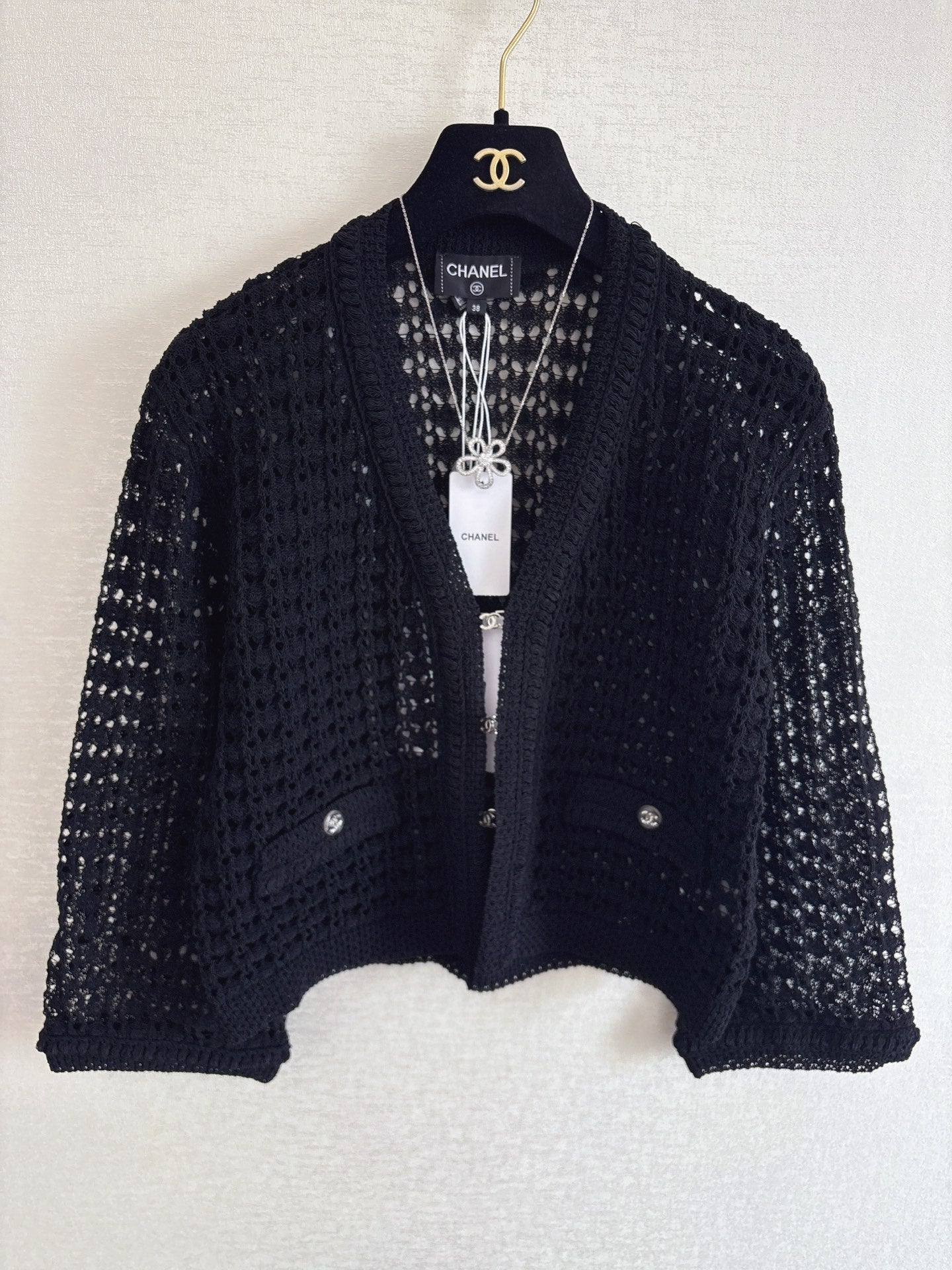 Chanel 2025 Hollow Cardigan Black Cotton 329411