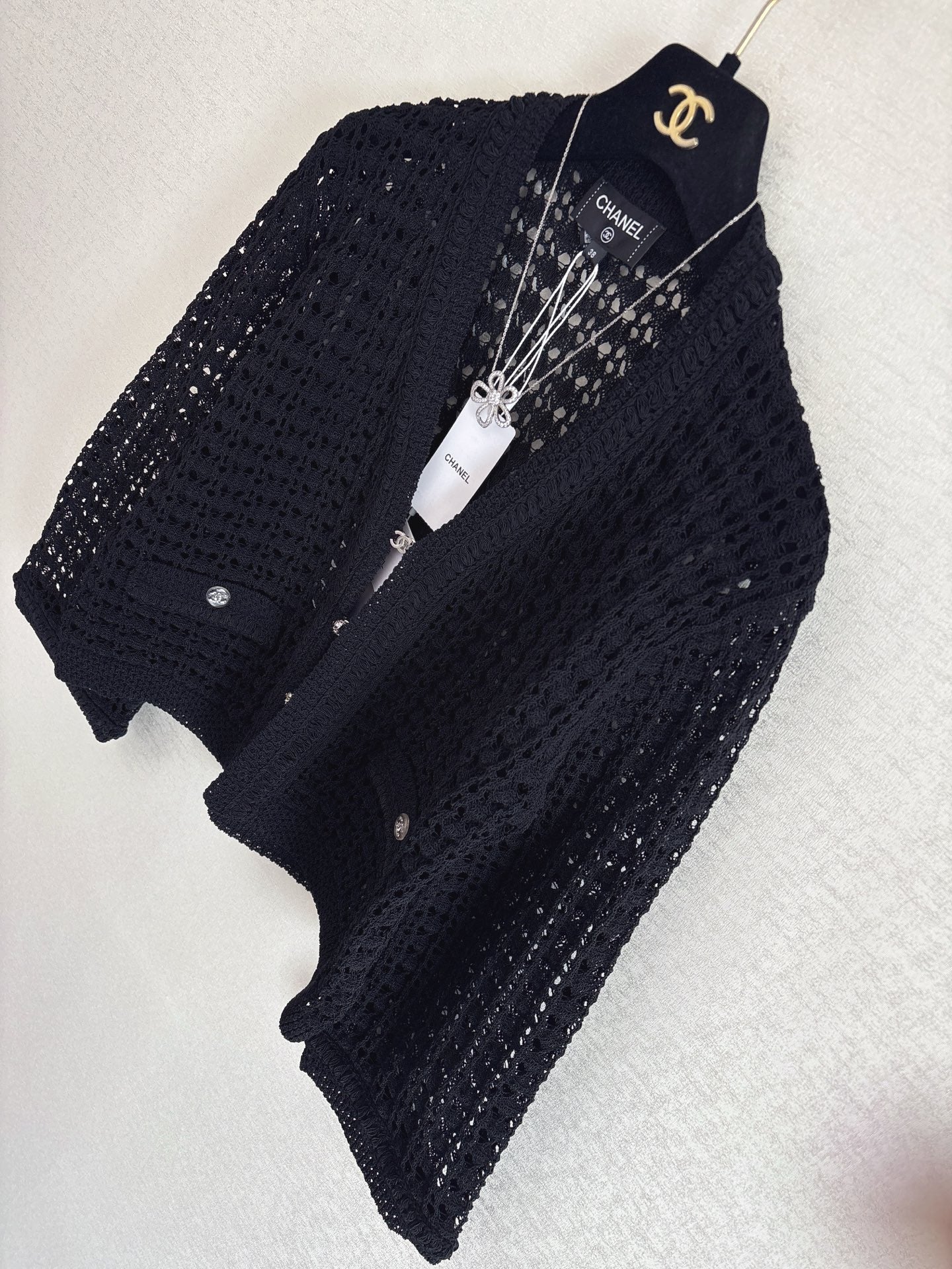 Chanel 2025 Hollow Cardigan Black Cotton 329411