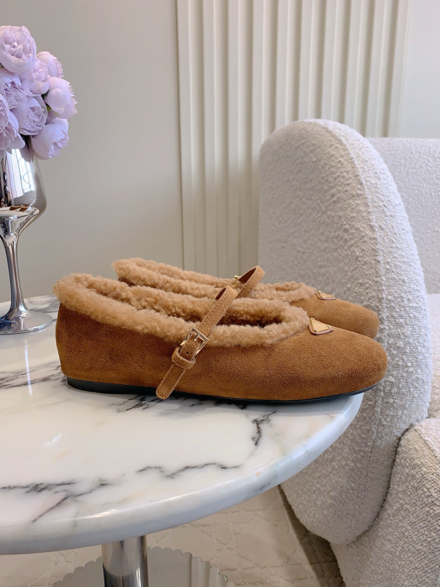 Pra 2025 Fur-lined Flat Tan Suede Wool 557121