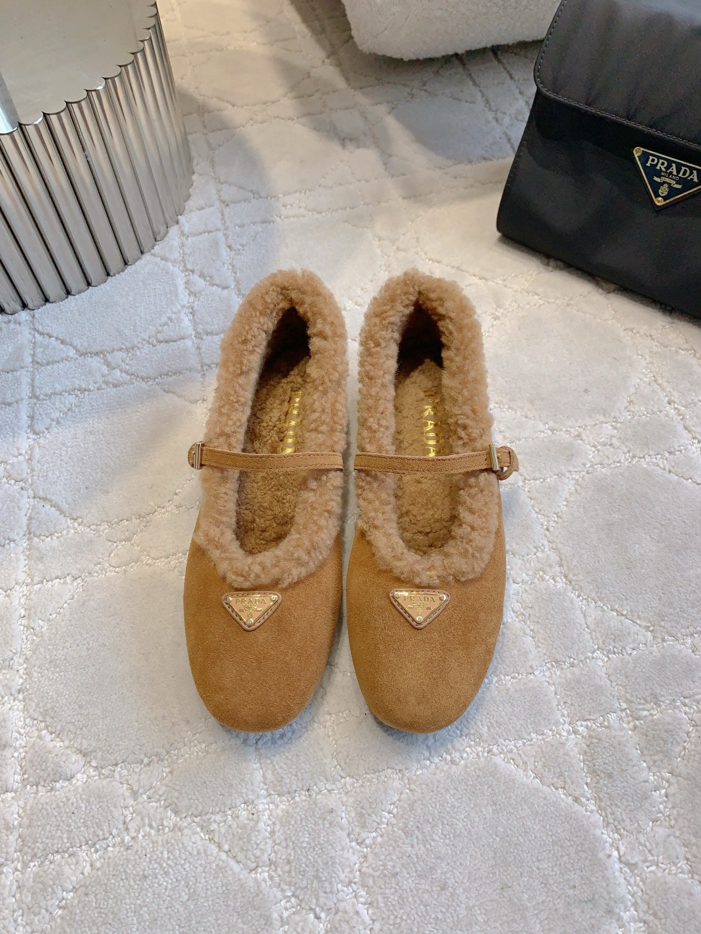 Pra 2025 Fur-lined Flat Tan Suede Wool 557121