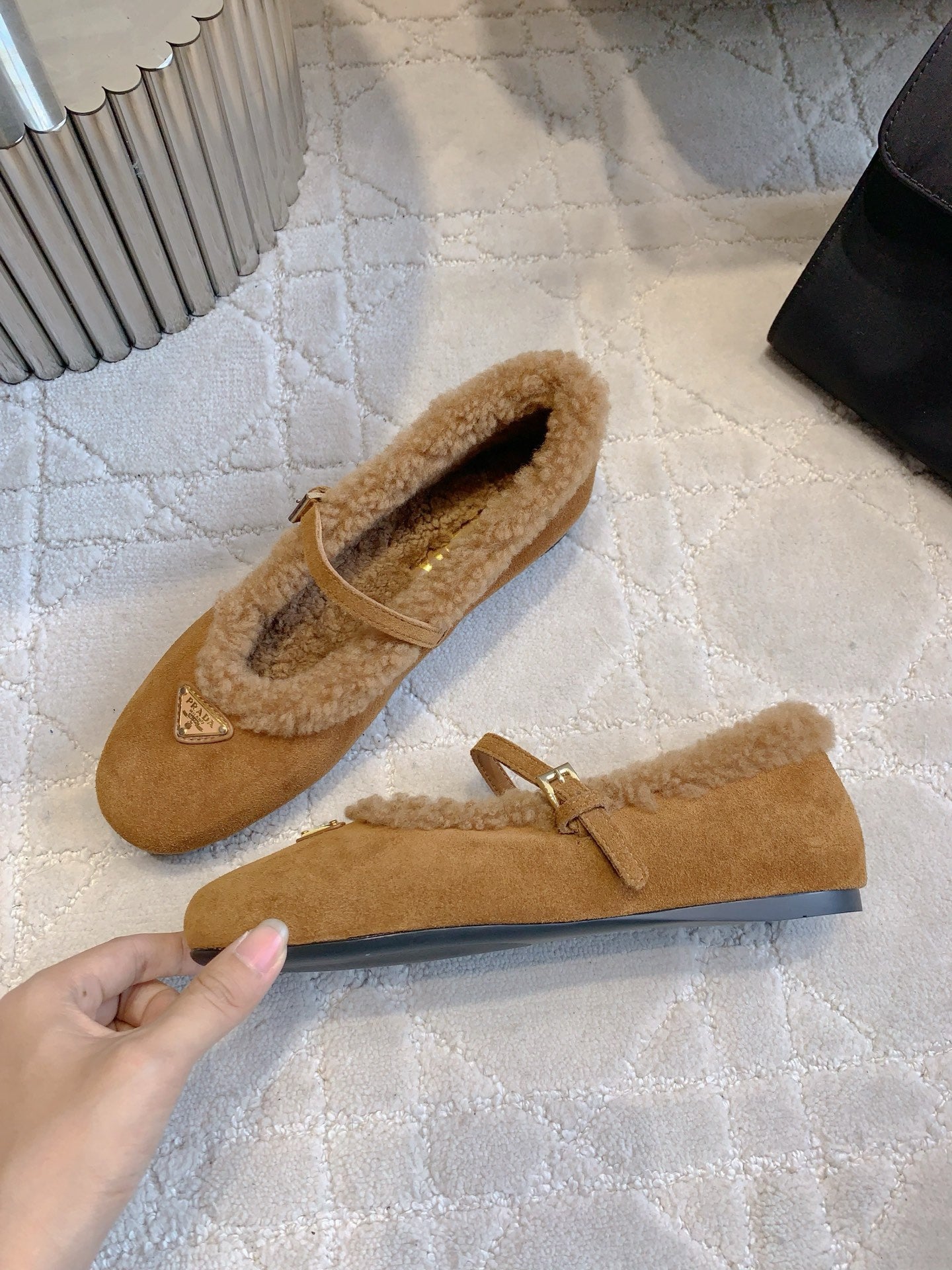 Pra 2025 Fur-lined Flat Tan Suede Wool 557121