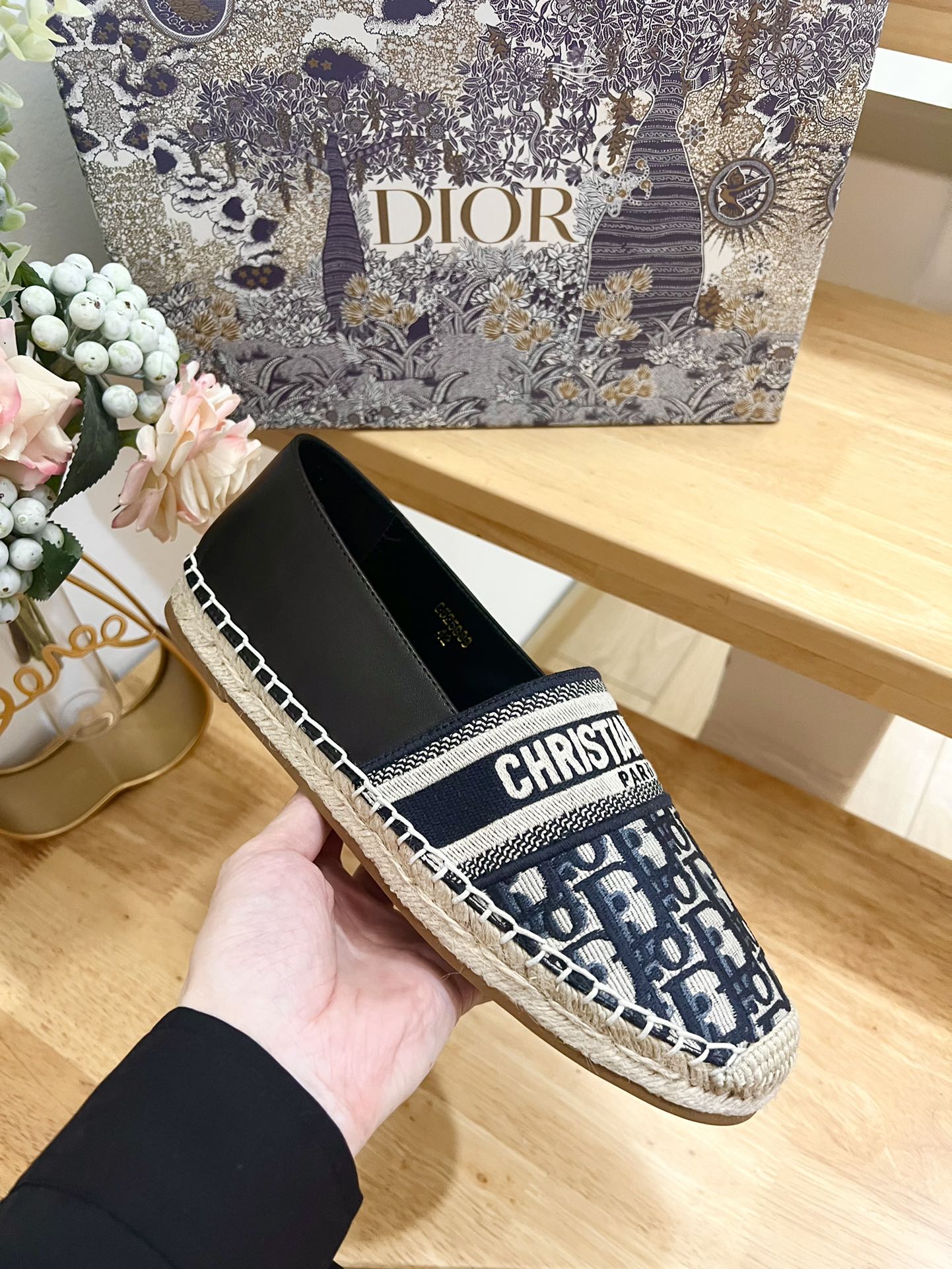 CD Granville Espadrille Charcoal Blue Black Oblique Jacquard Fabric And Calfskin