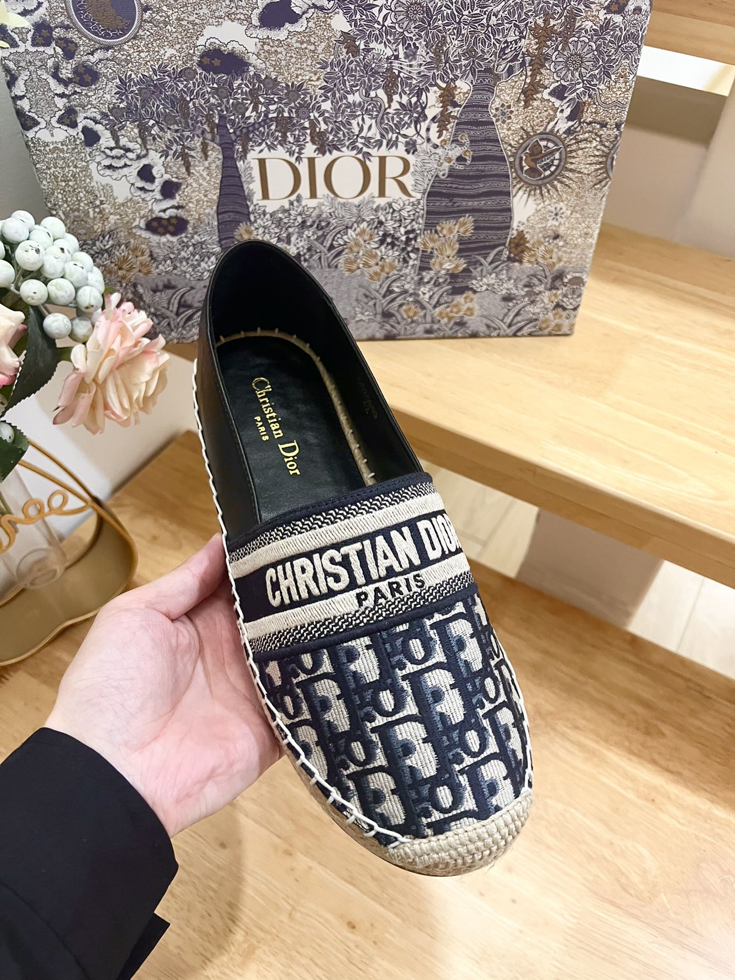 CD Granville Espadrille Charcoal Blue Black Oblique Jacquard Fabric And Calfskin