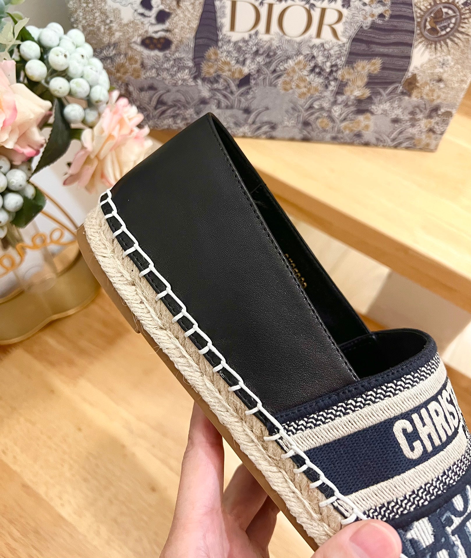 CD Granville Espadrille Charcoal Blue Black Oblique Jacquard Fabric And Calfskin