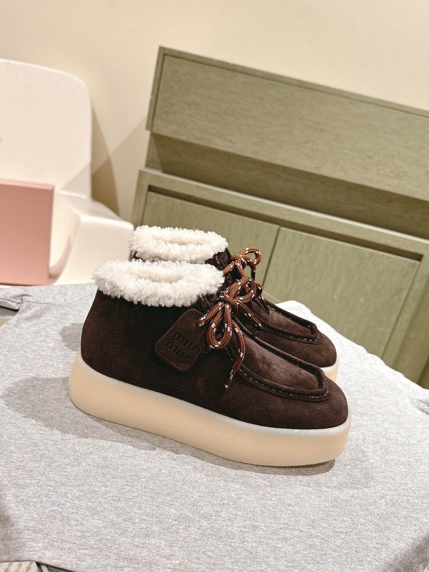 Miu Ankle Boots Brown Earth Fleece Lining Suede