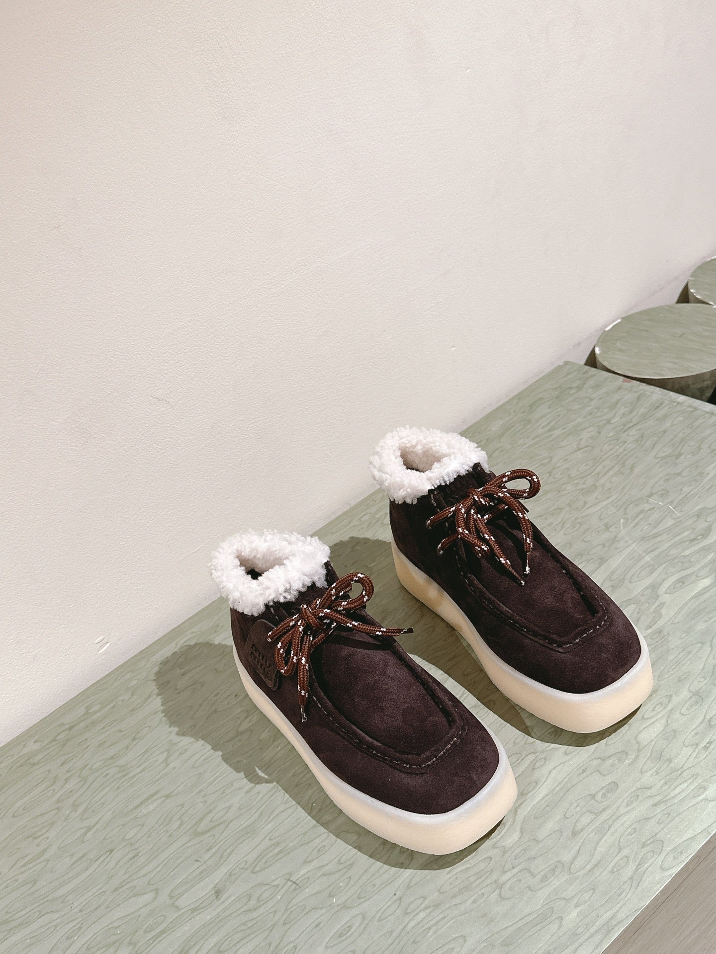 Miu Ankle Boots Brown Earth Fleece Lining Suede