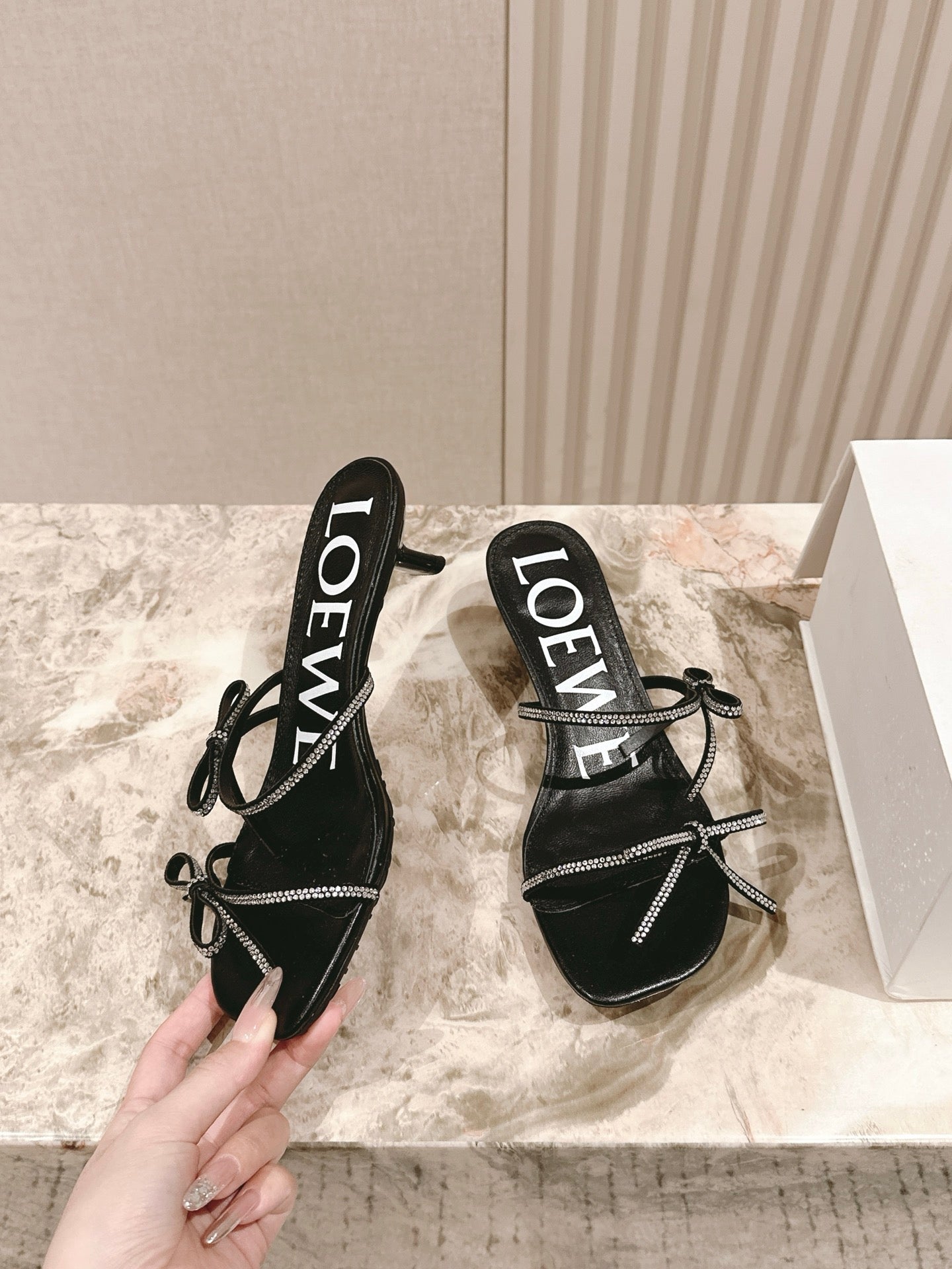 Loewe 25 Petal Bow Sandals Black Cowhide PVC