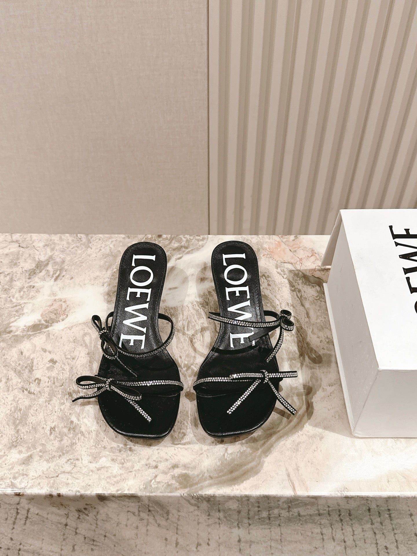 Loewe 25 Petal Bow Sandals Black Cowhide PVC