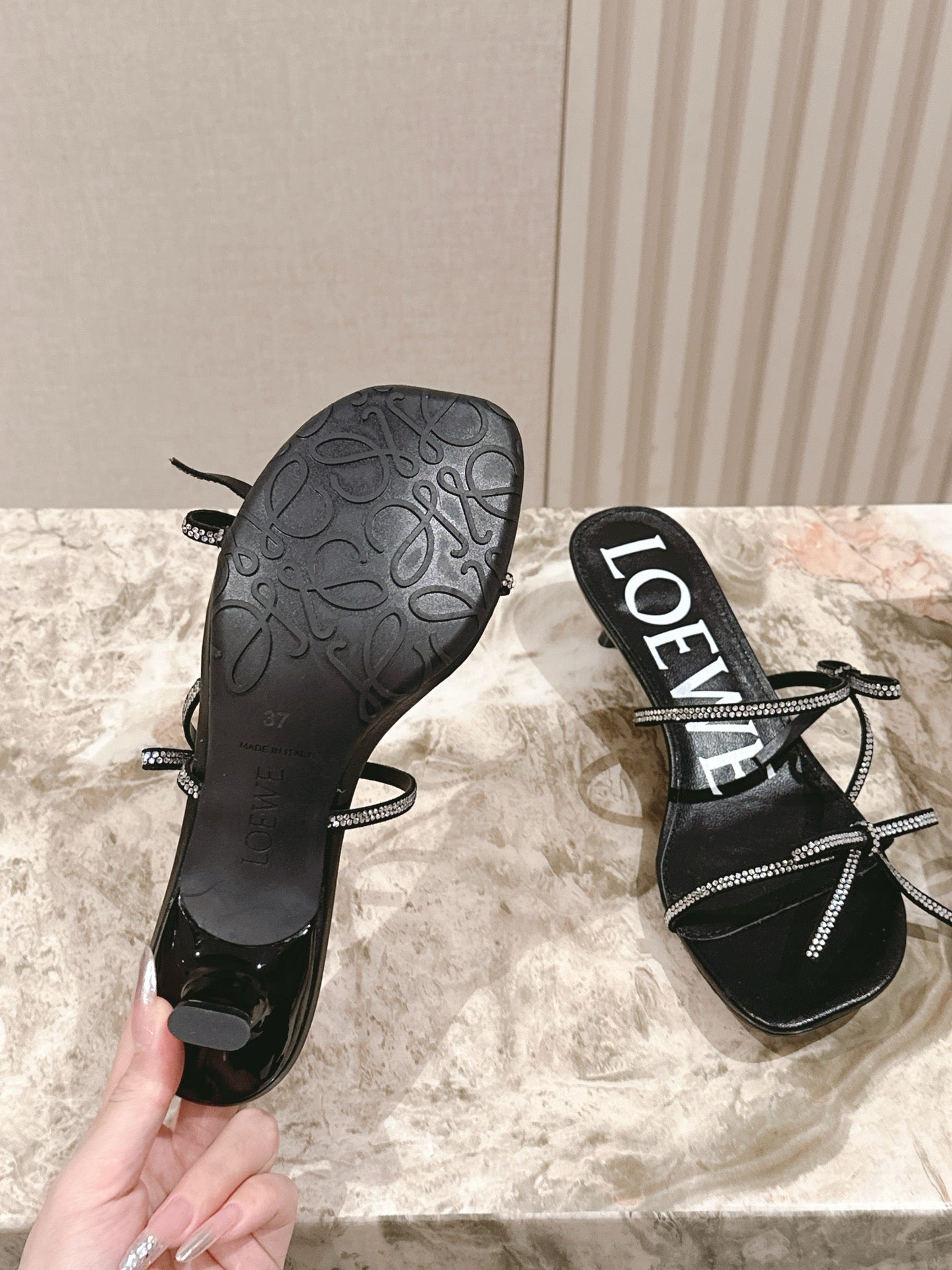 Loewe 25 Petal Bow Sandals Black Cowhide PVC