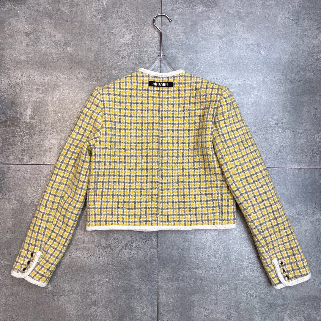 Miumiu 2025 Round Neck Long-sleeved Coat Yellow Wool