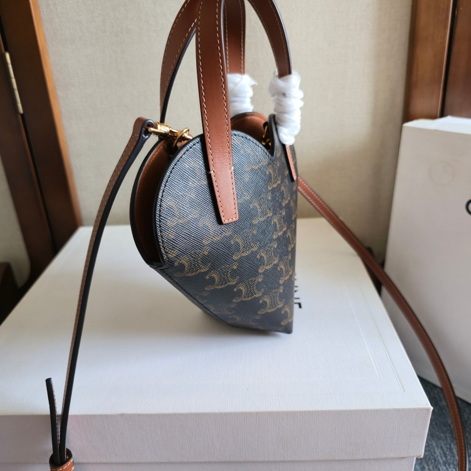 Celine 2025 Heart-Shaped Bag 19cm Black Tan Canvas Calfskin 276287