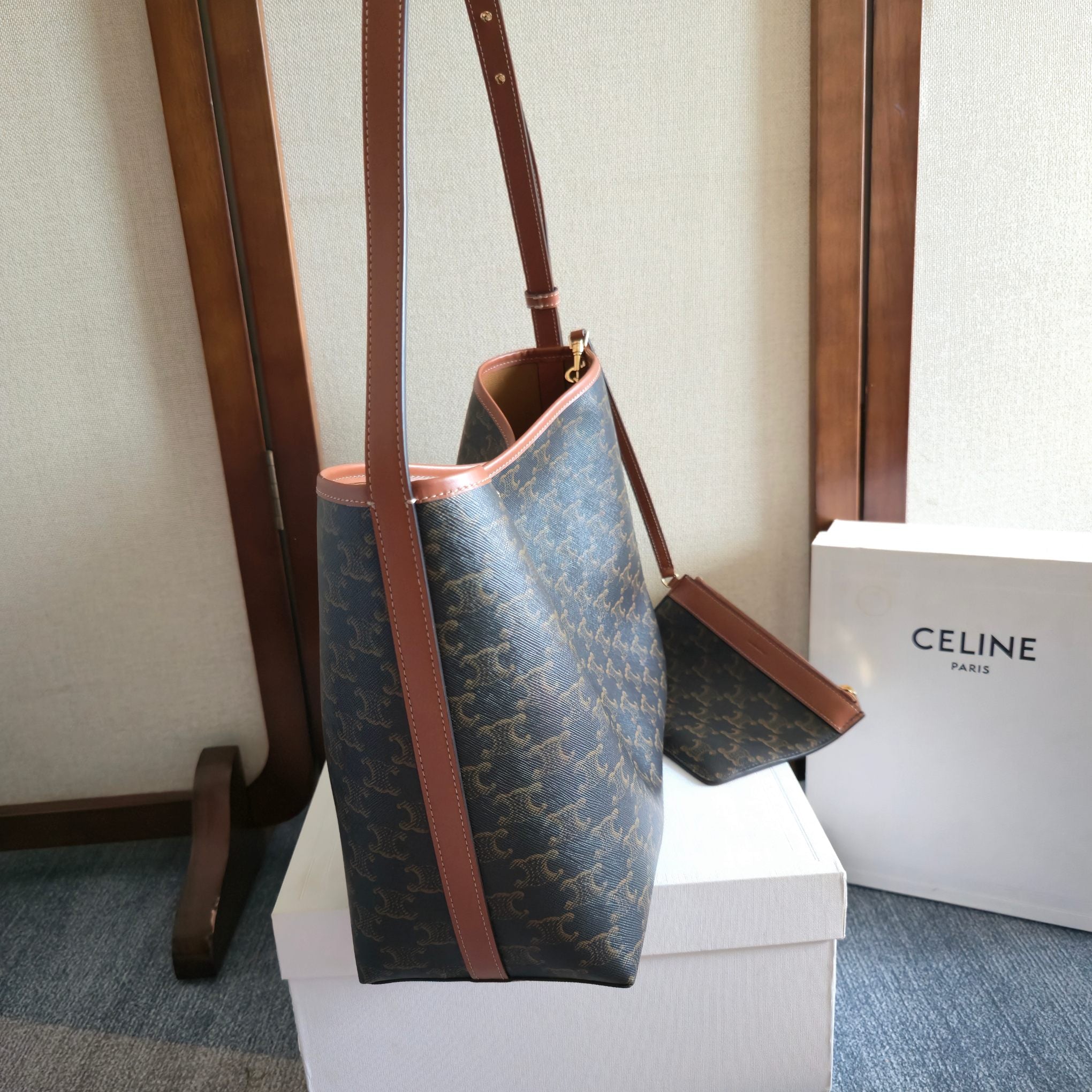 Celine 2025 Soft Shopper Bag Black Tan Canvas Calfskin 276292