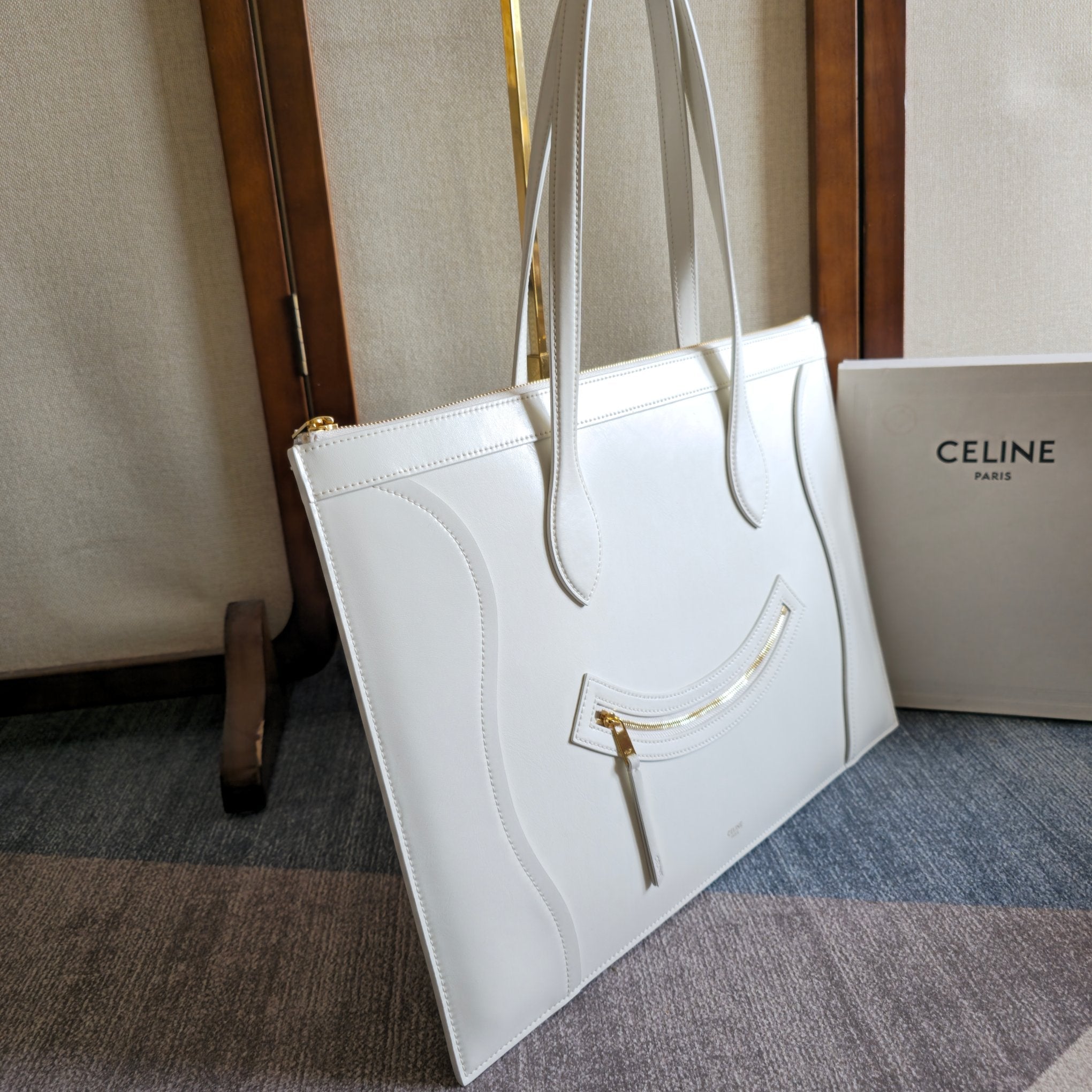 Celine 2026 Flat Cabas New Luggage Bag White Calfskin 276203
