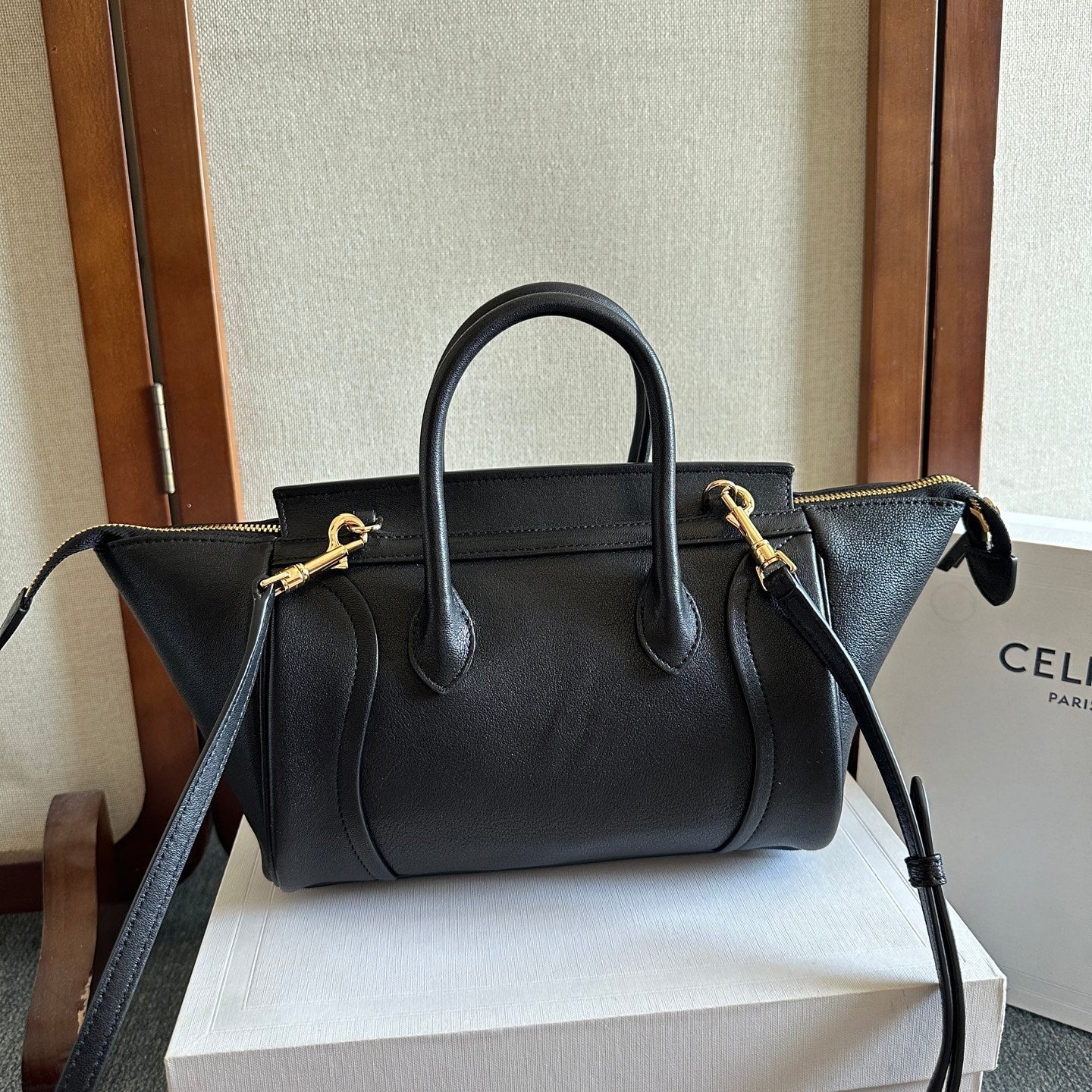 Celine 2026 Luggage Black Shiny Lambskin 276248