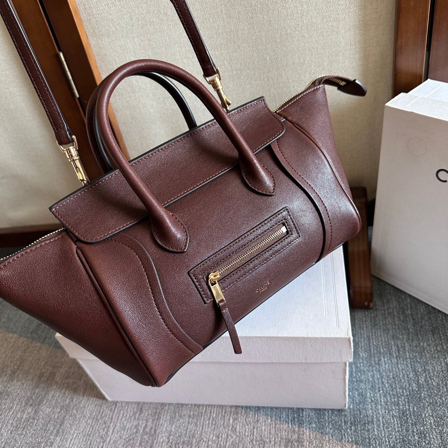 Celine 2026 Luggage Burgundy Shiny Lambskin 276252