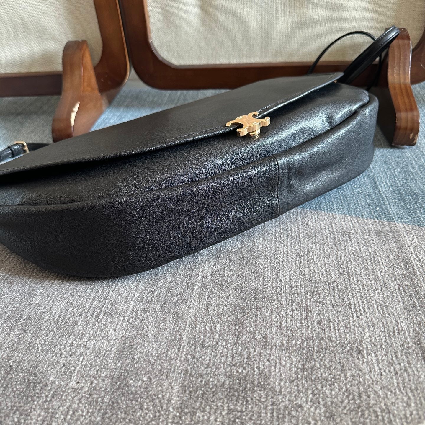 Celine 2025 Halfmoon Soft Triomphe Bag Black Shiny Lambskin