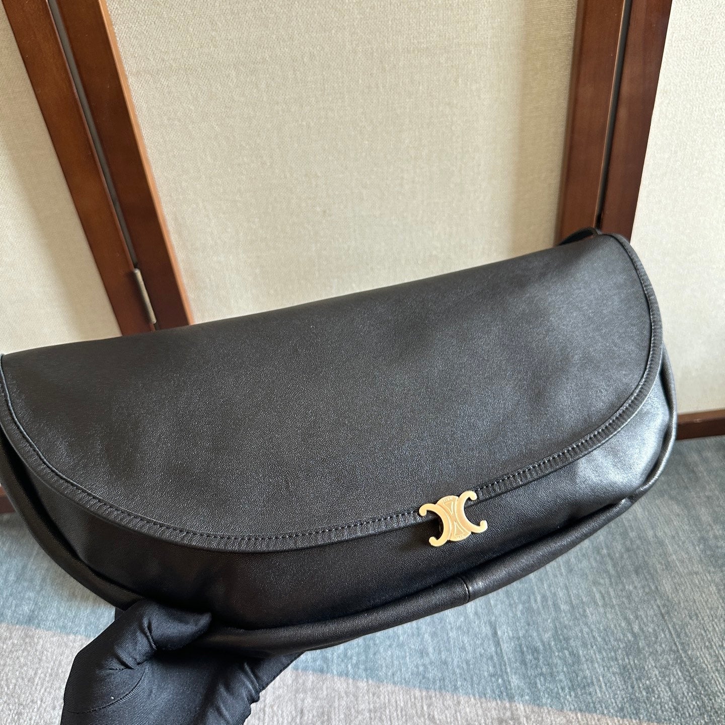 Celine 2025 Halfmoon Soft Triomphe Bag Black Shiny Lambskin