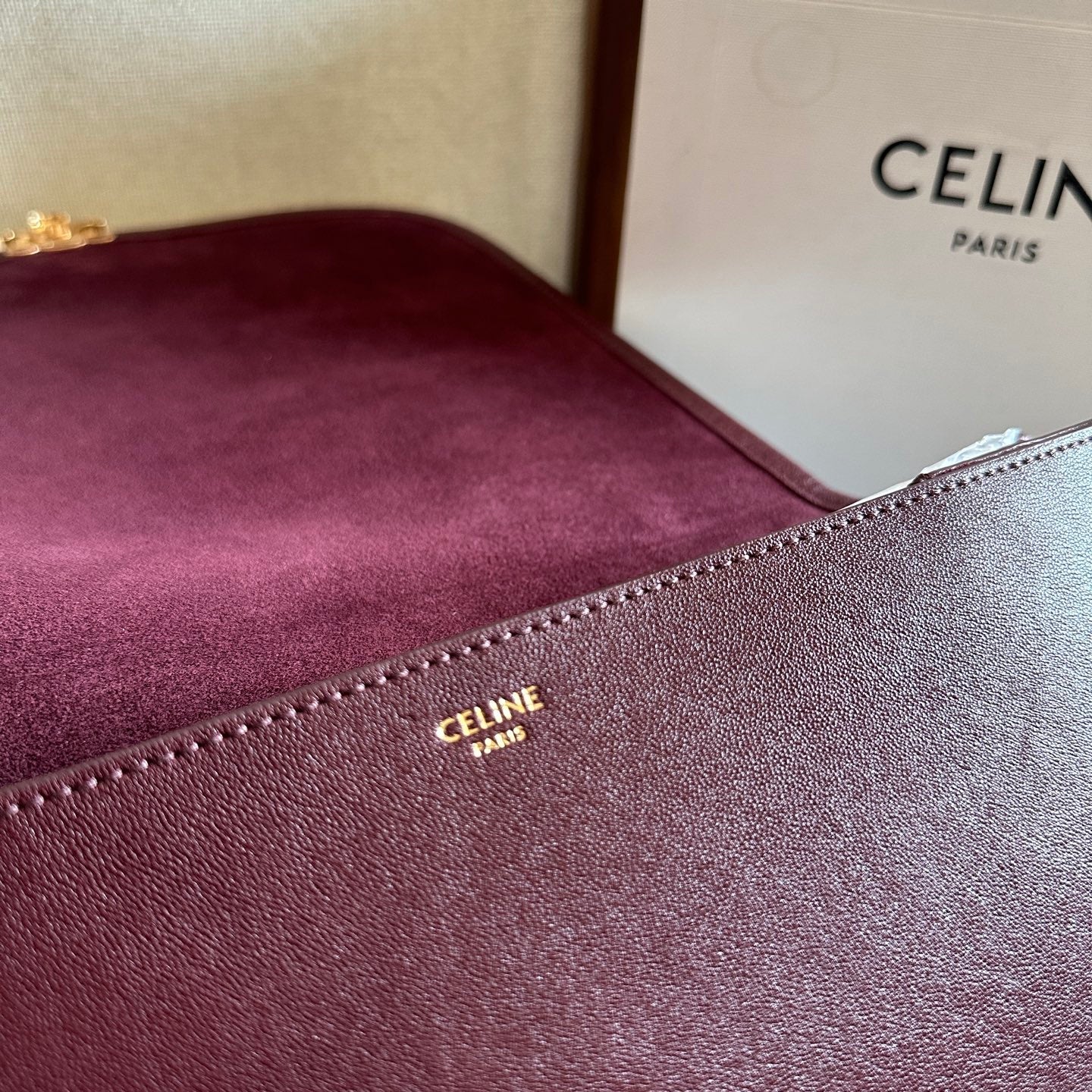 Celine 2026 Besace Triomphe Bag 32cm Burgundy Shiny Lambskin 276303