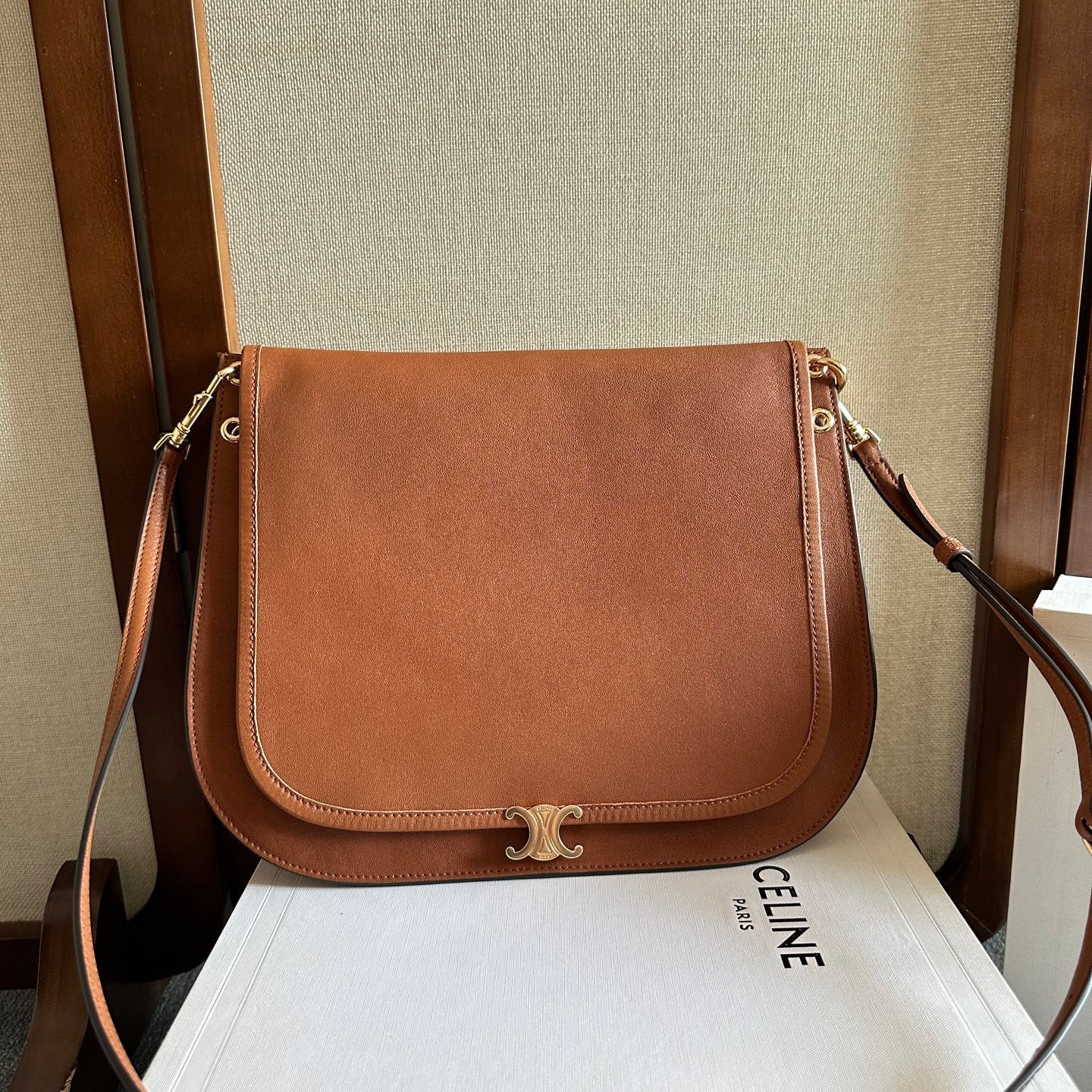 Celine 2026 Besace Triomphe Bag 32cm Tan Shiny Lambskin 276305