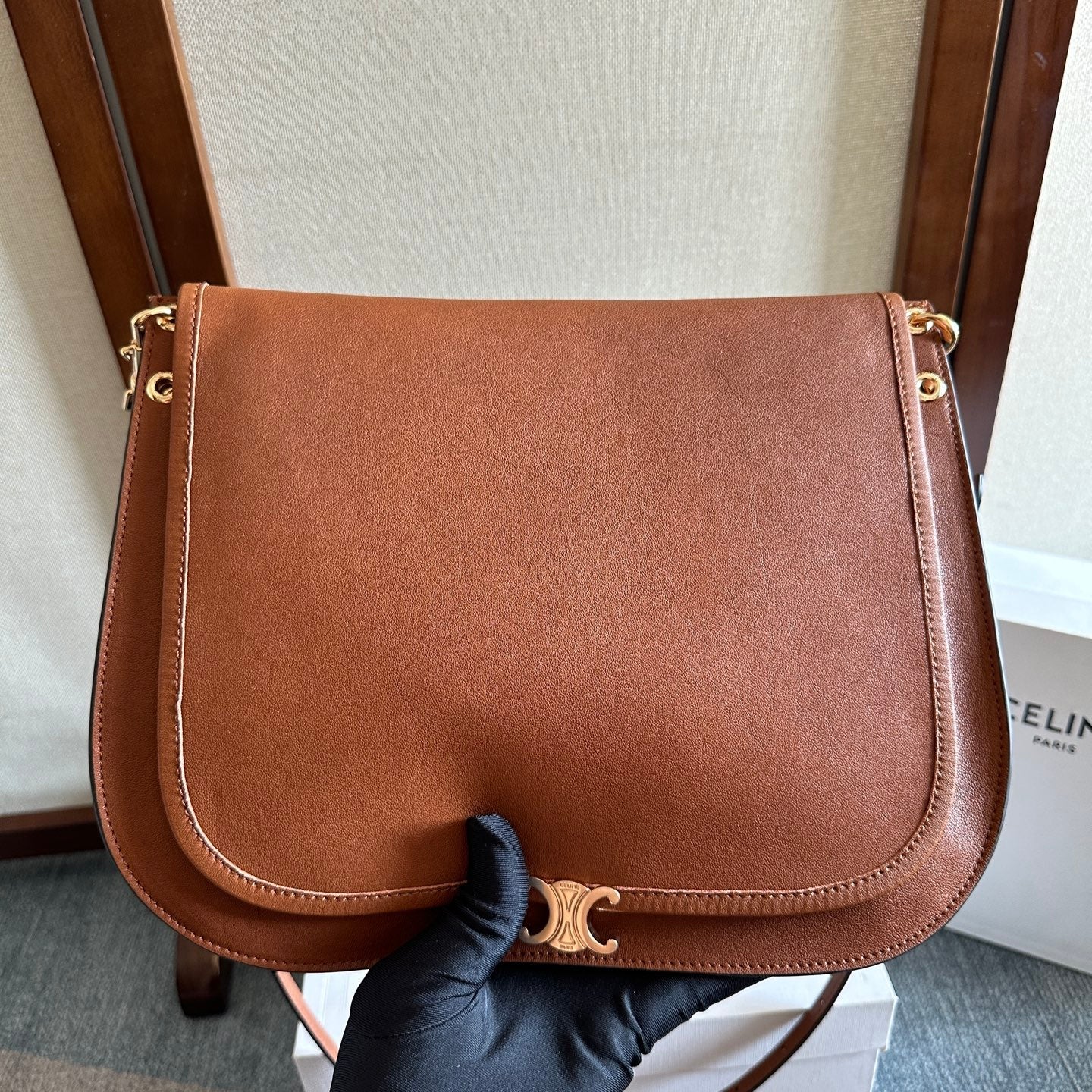 Celine 2026 Besace Triomphe Bag 32cm Tan Shiny Lambskin 276305