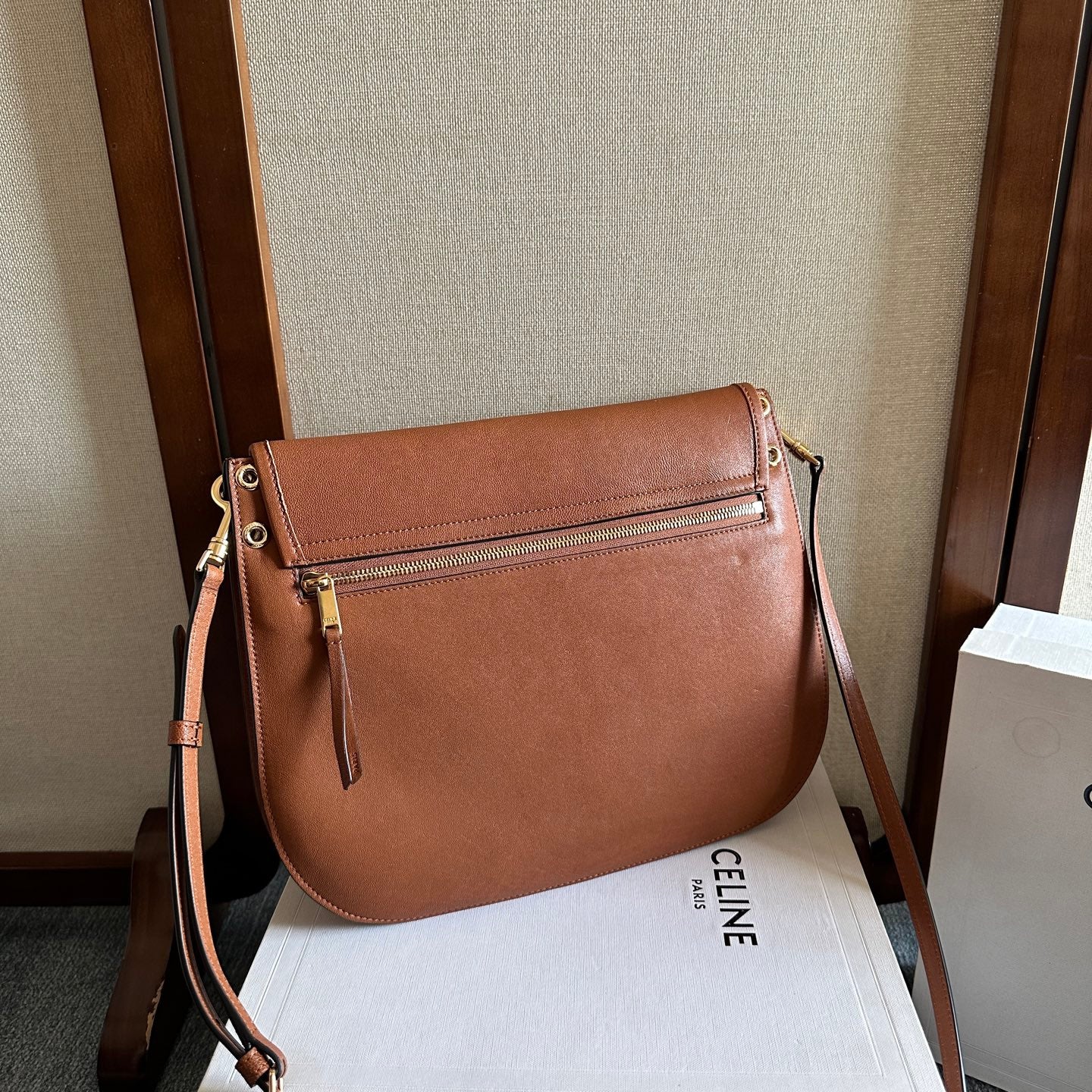 Celine 2026 Besace Triomphe Bag 32cm Tan Shiny Lambskin 276305