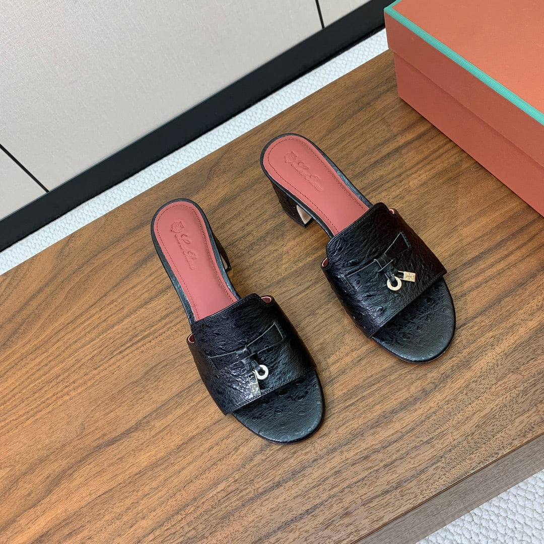 LP 2025 Sandal Black Ostrich-patterned Cowhide Leather 357859