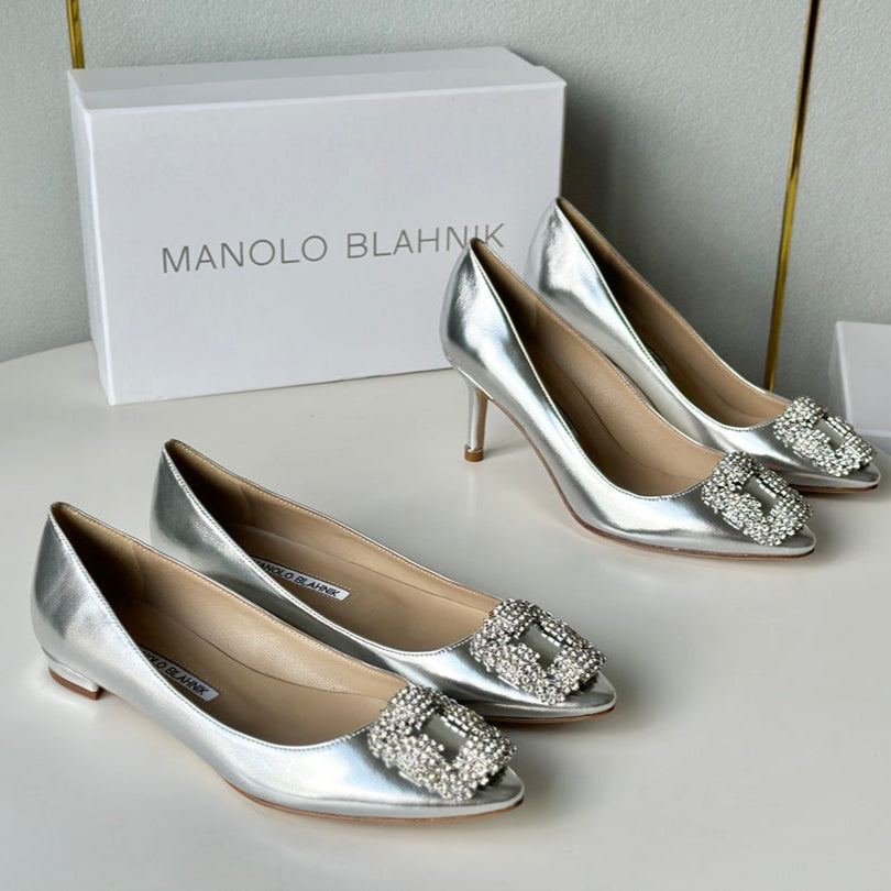 Manolo Diamond Buckle Pumps Silver Mirror Cowhide 451180