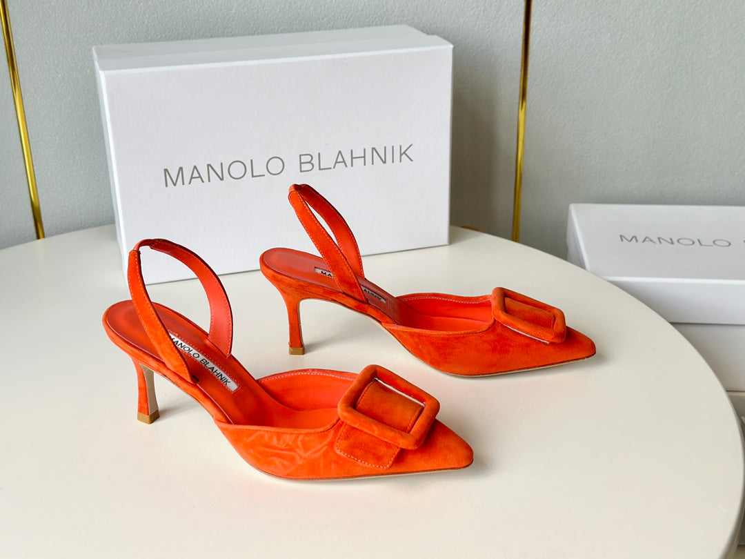 Manolo Slingback 7cm Orange Suede Leather Bottom 451201