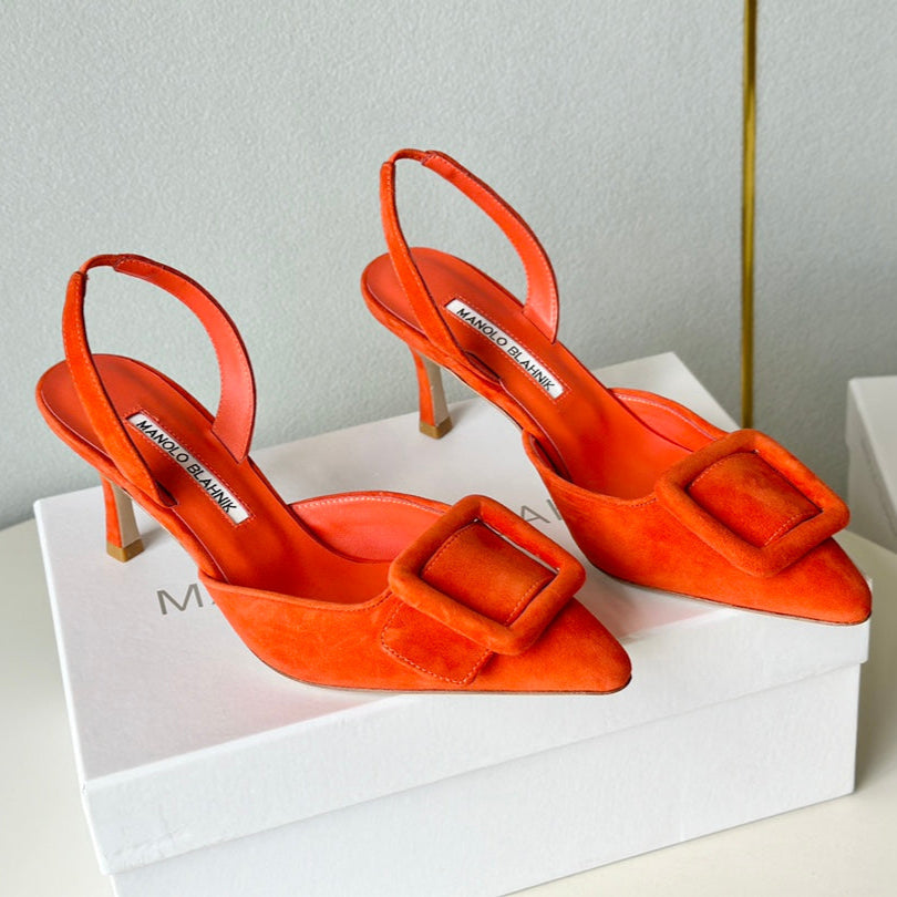 Manolo Slingback 7cm Orange Suede Leather Bottom 451201