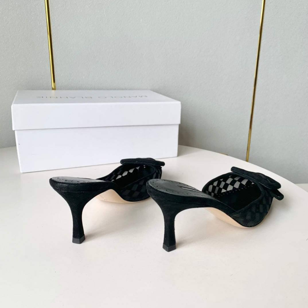 Manolo Mules Latest Checkerboard Black Fabric Leather 528010