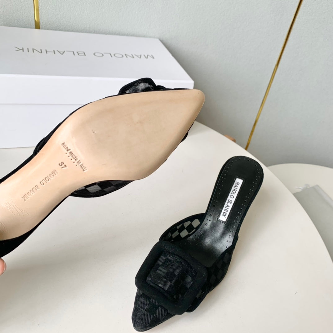 Manolo Mules Latest Checkerboard Black Fabric Leather 528010